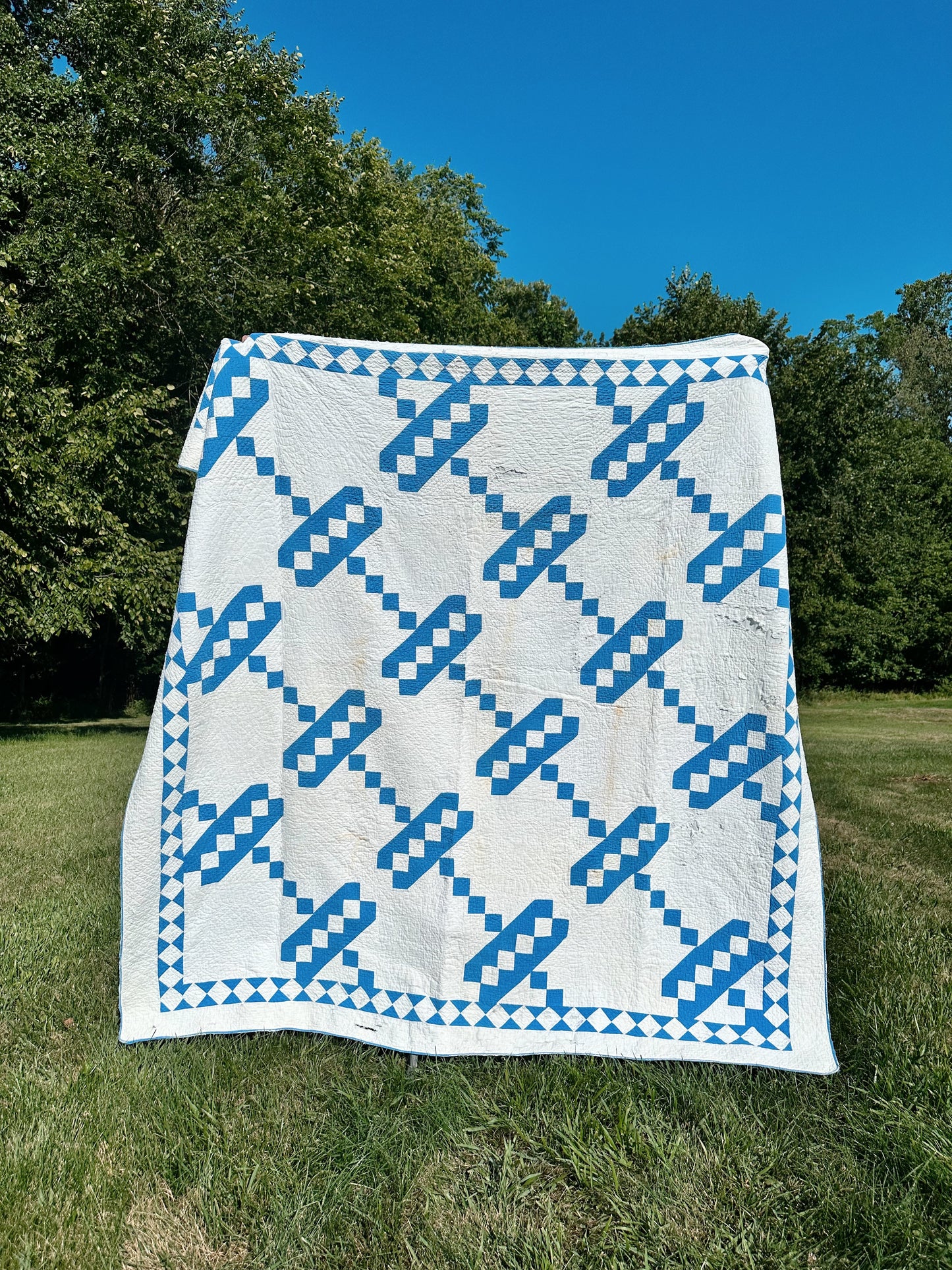 Antique Blue & White Roman Stripe Quilt, Hand Pieced & Hand Quilted