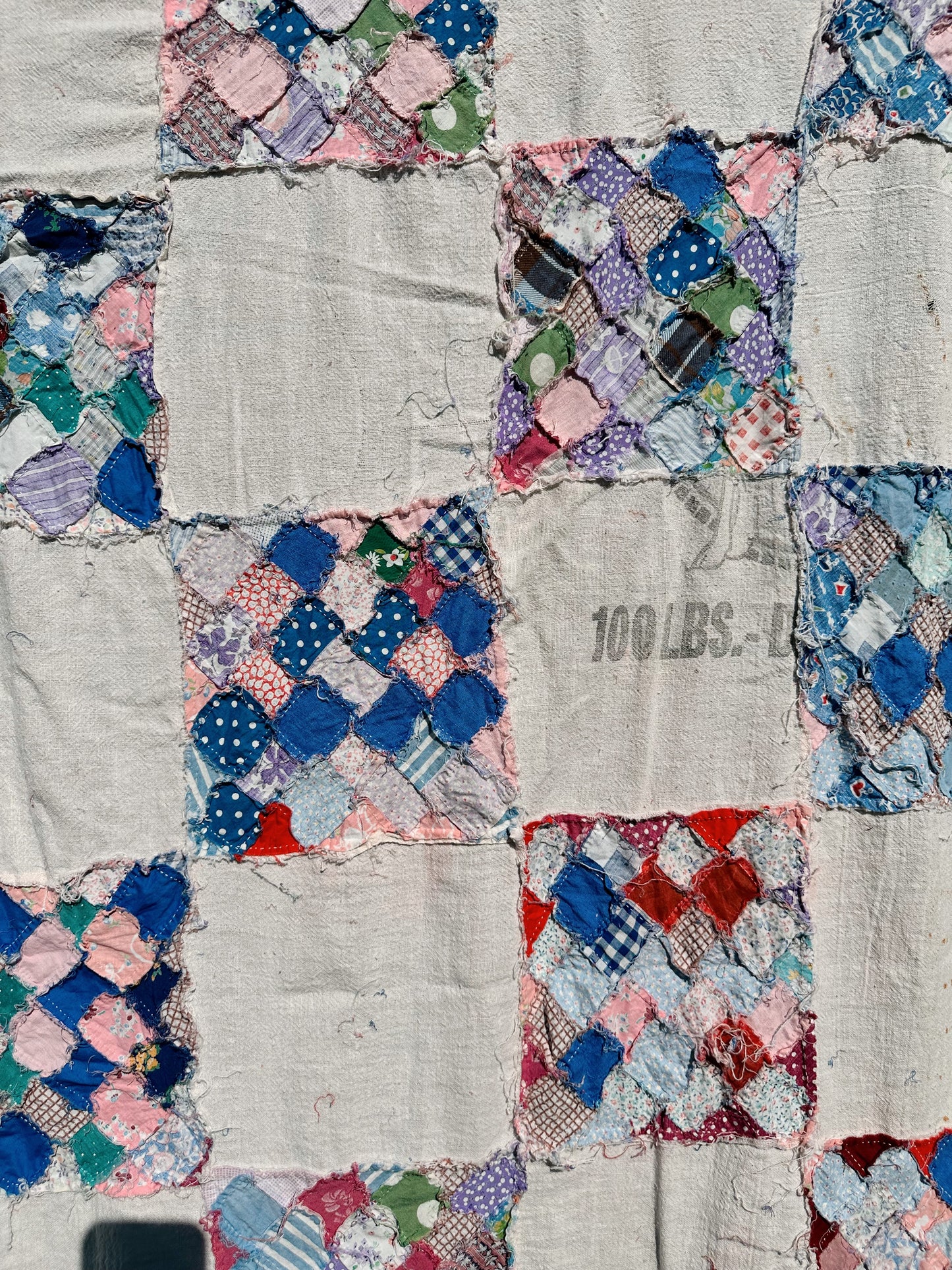 Depression Era Patchwork Scrap Utility Quilt Top With Repurposed Industrial Sack Borders
