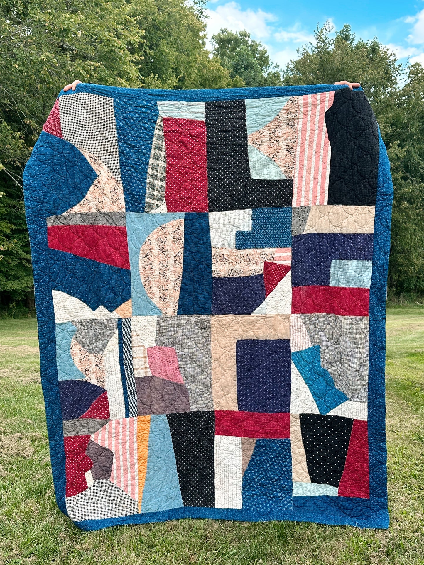 Vintage Hand Quilted Abstract Patchwork Quilt