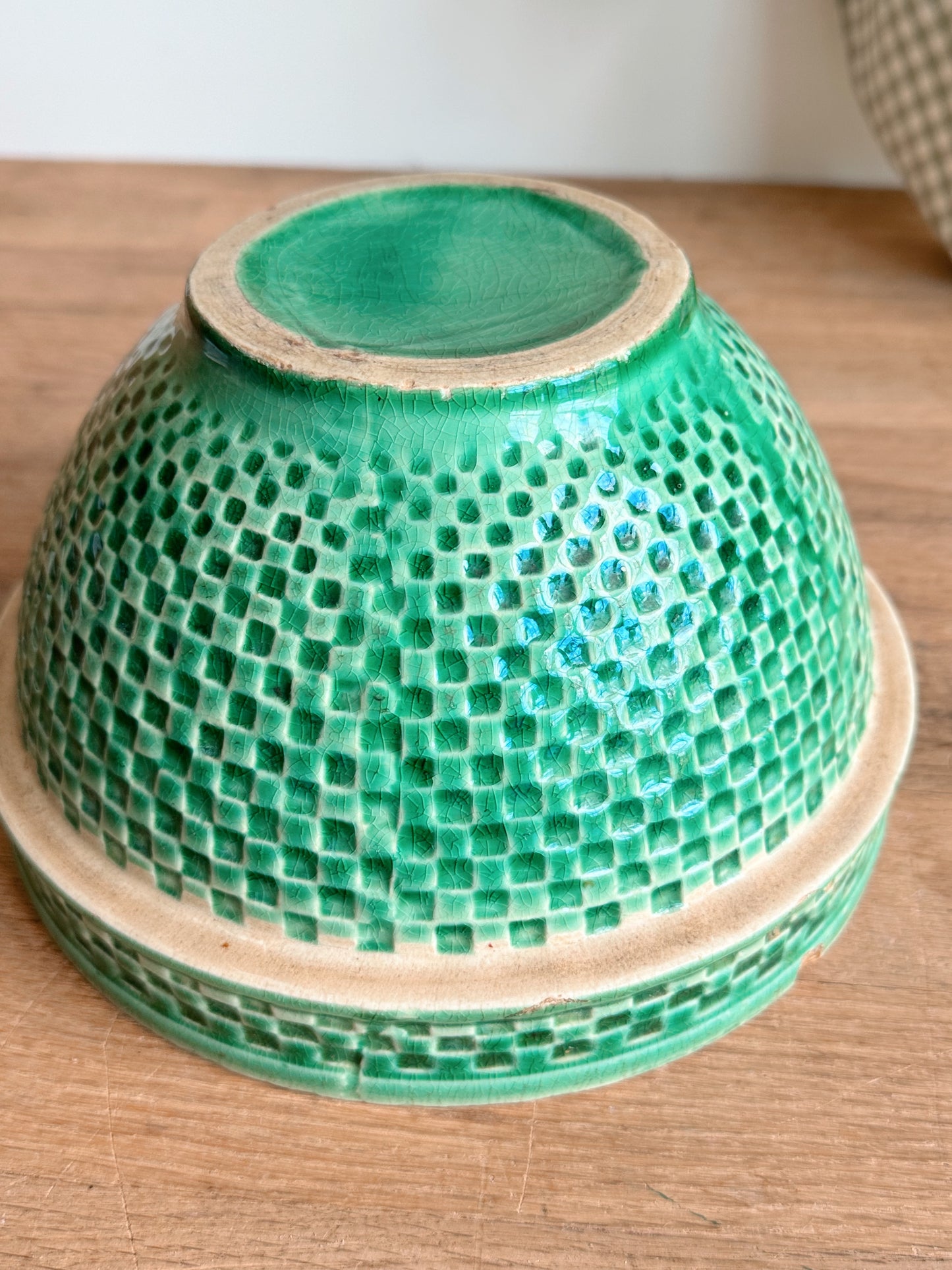 Vintage Green Checkerboard Stoneware Bowl
