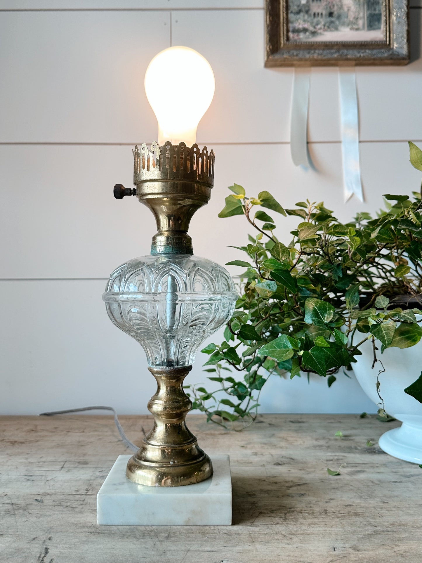 Vintage Blown Glass, Brass & Marble Lamp