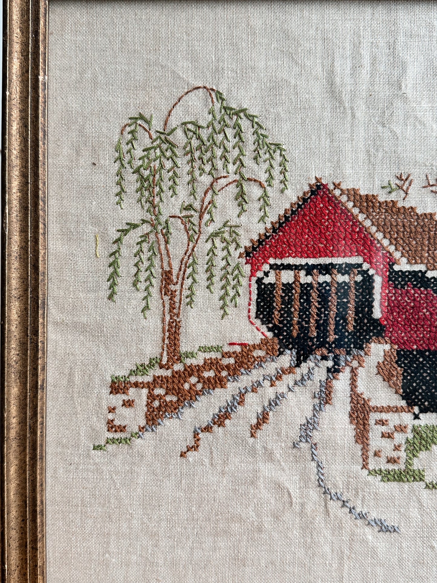 Vintage Covered Bridge Framed Cross Stitch