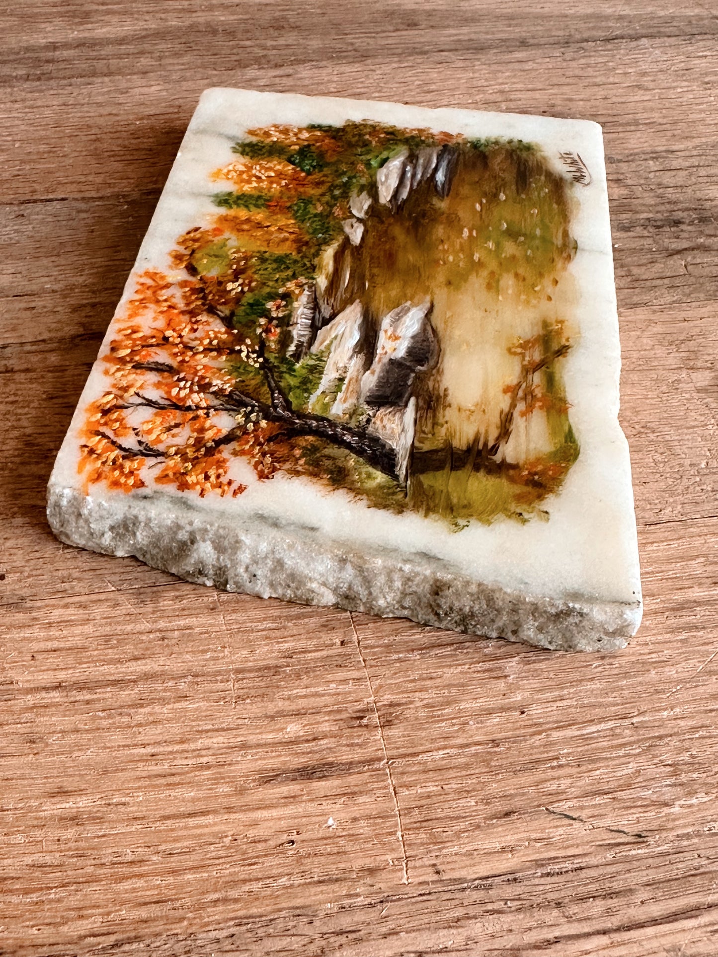 Vintage Signed Fall Painting on Marble