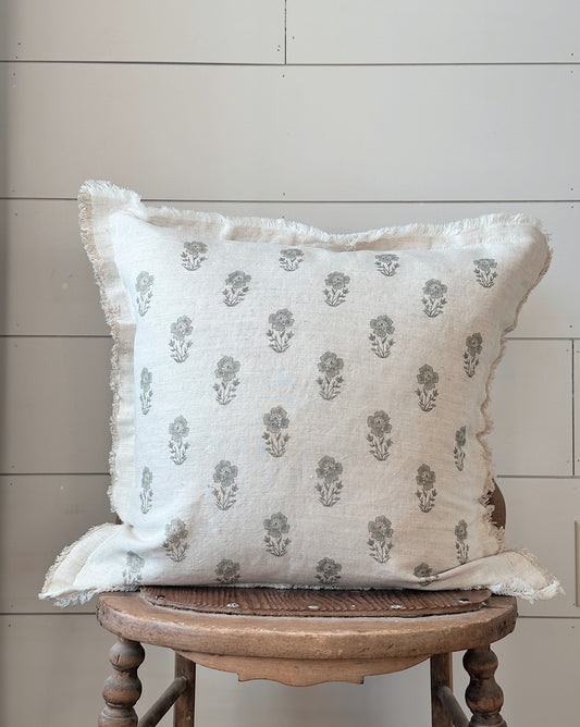 Hand Block Sage Gray Floral Pillow Cover