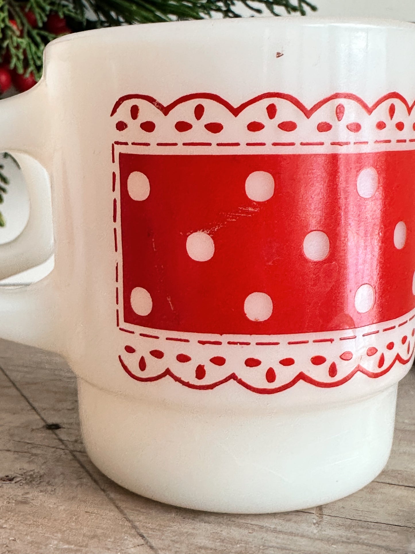Pair of Polka Dot & Lace Fire King Mugs