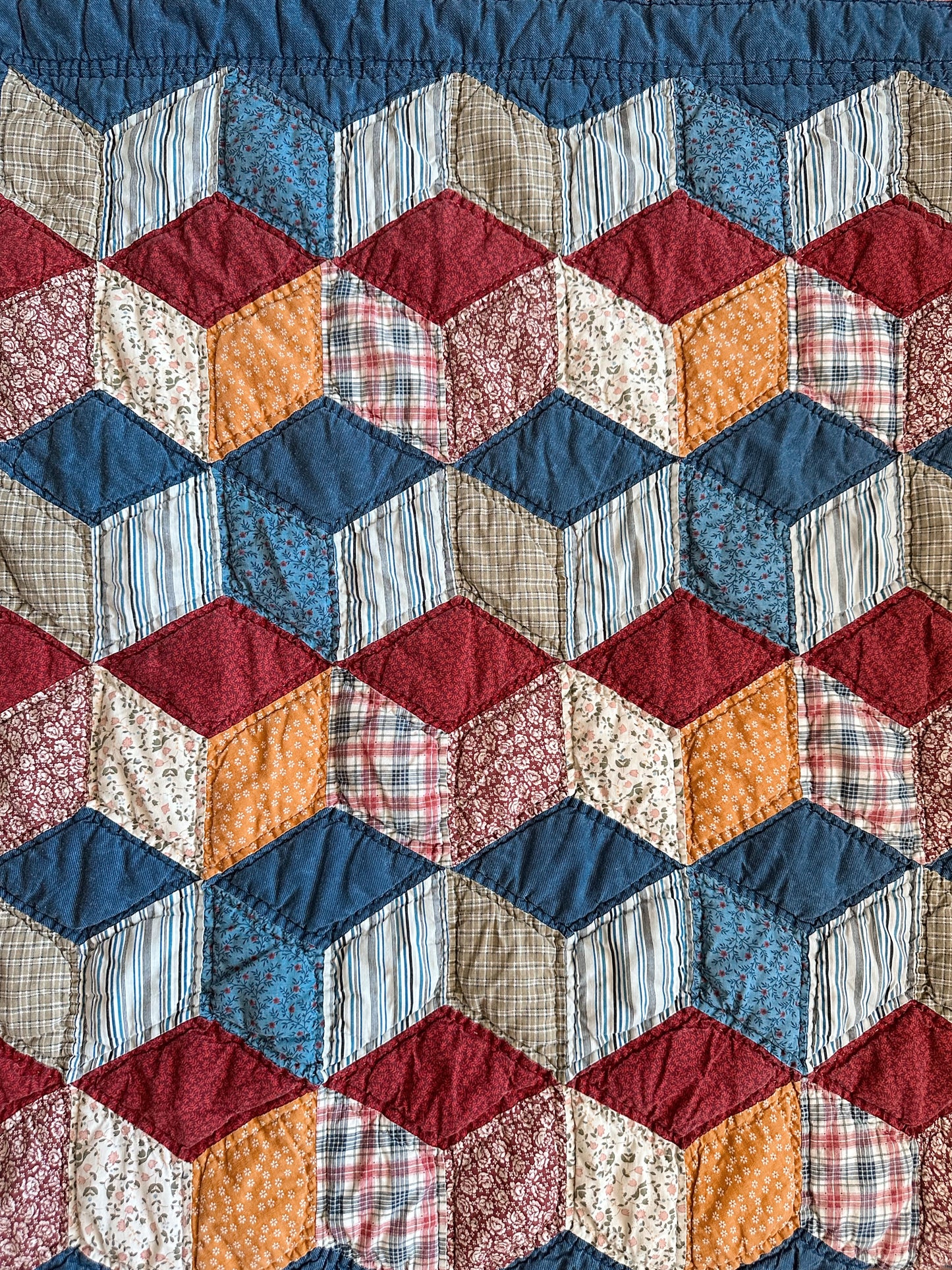 Vintage Hand Quilted Tumbling Blocks Quilt