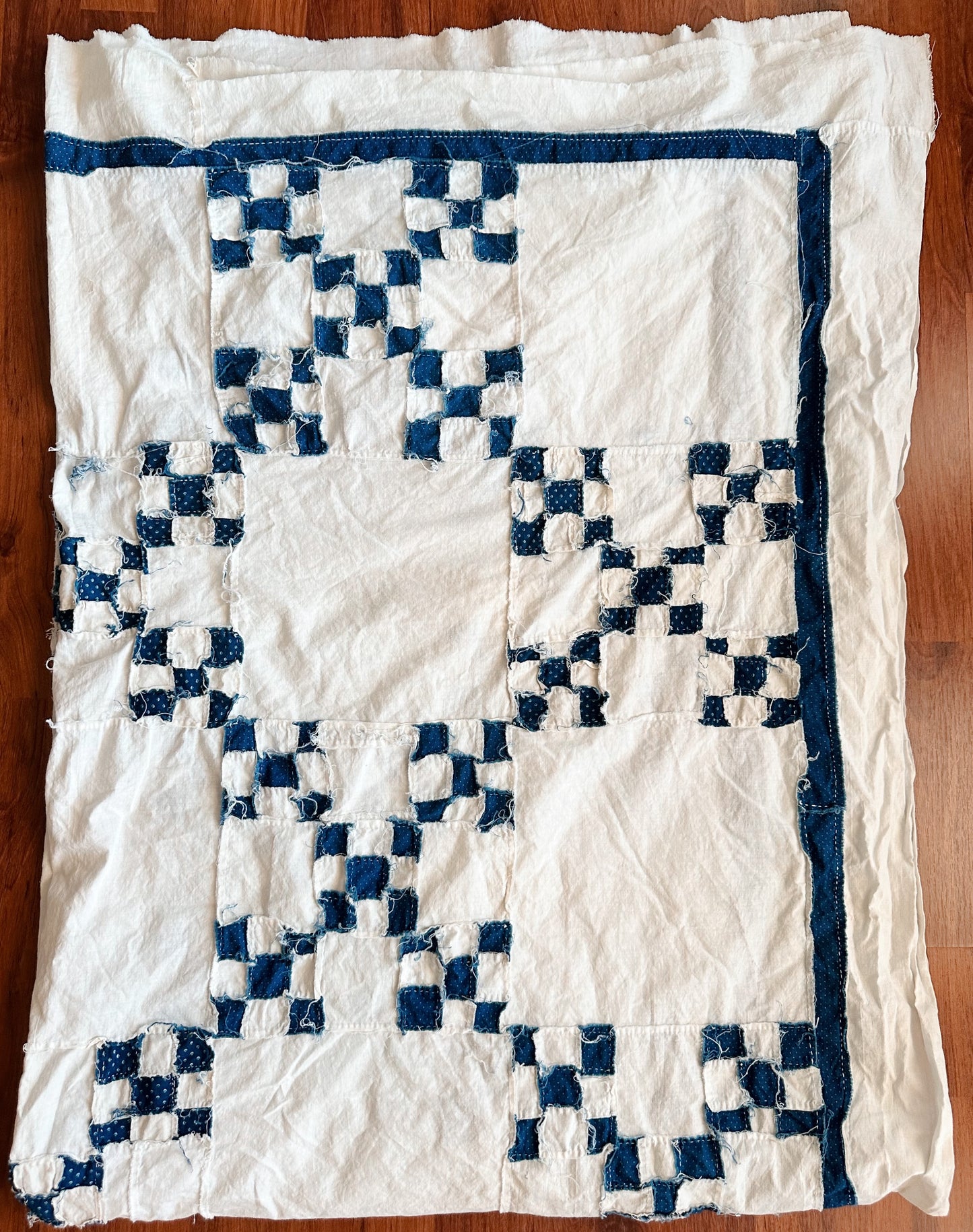 Vintage Hand Stitched Blue & White Double Irish Chain Quilt Top
