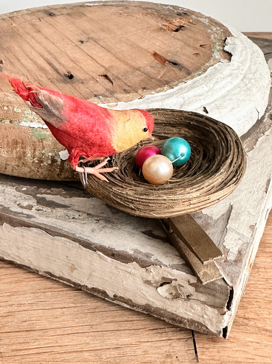 Rare Antique Spun Cotton Bird on a Nest Ornament
