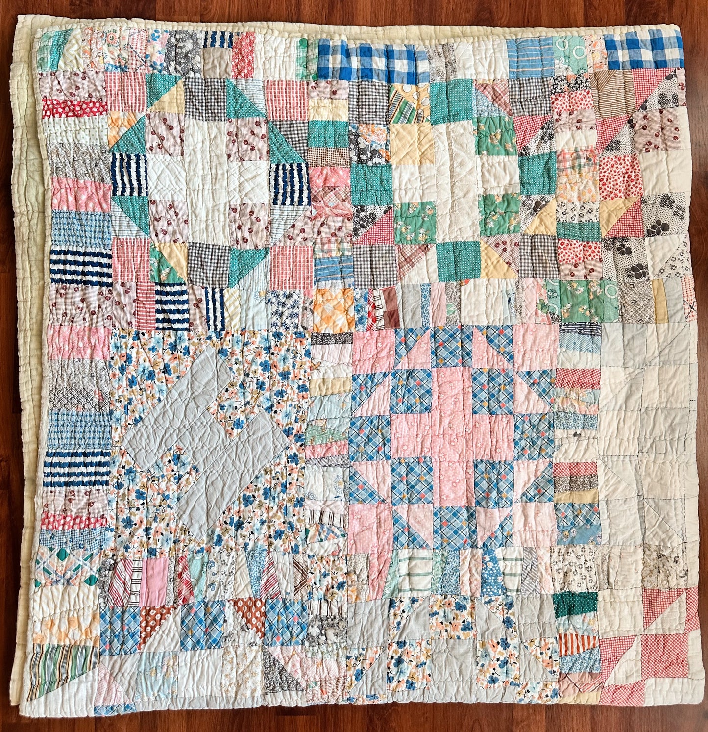 1930s Hand-Quilted Sampler Patchwork Feed Sack Quilt