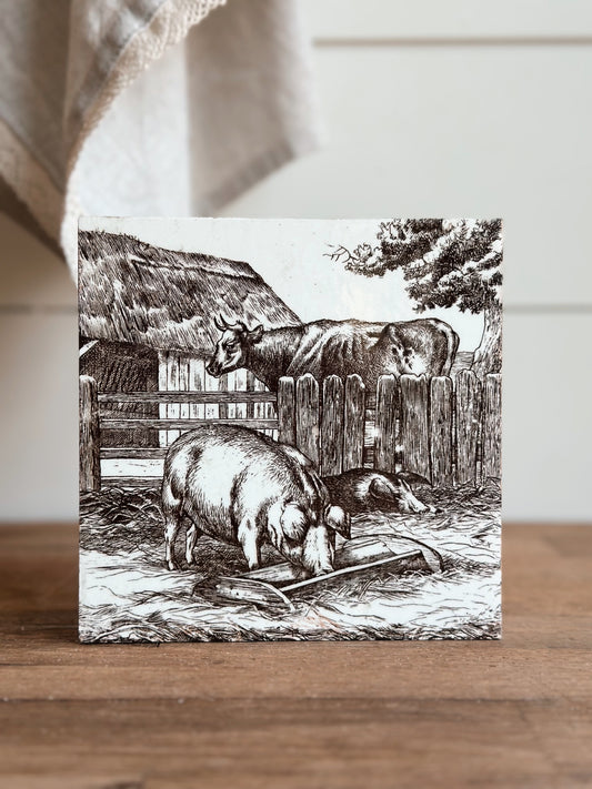 Antique MINTON William Wise Farm Animal Tile (cow & pigs)
