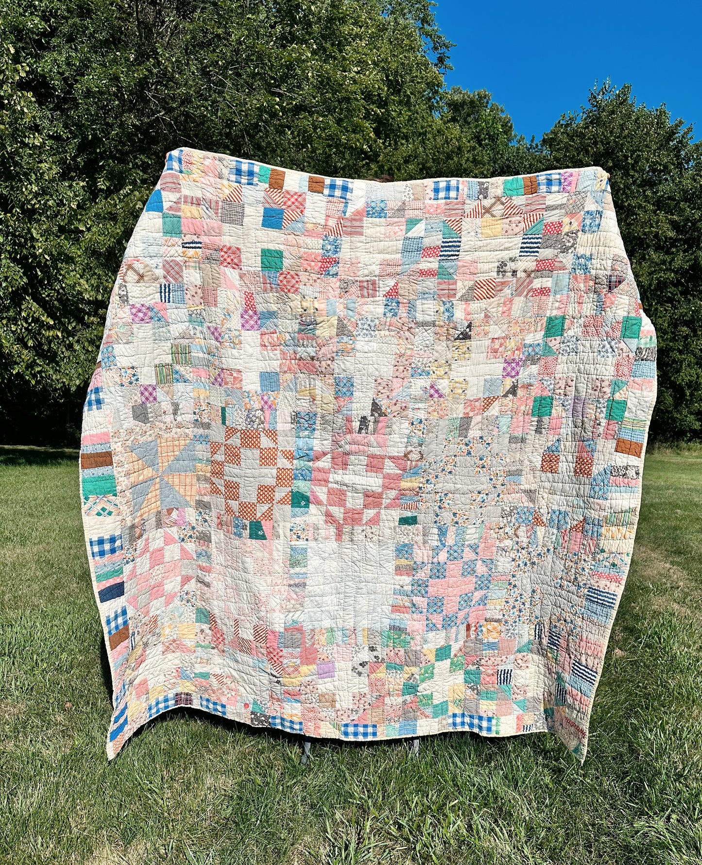 1930s Hand-Quilted Sampler Patchwork Feed Sack Quilt