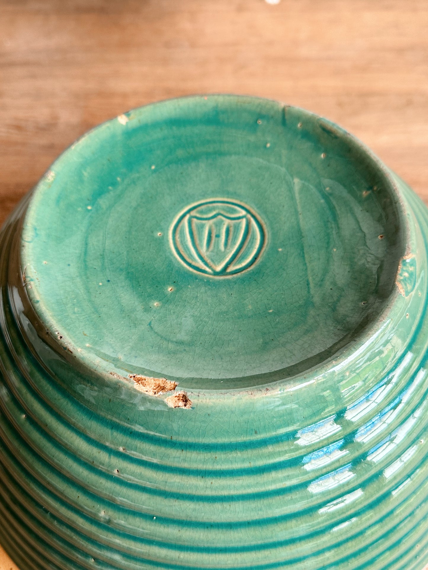 Big Beautiful Vintage Green Ribbed Stoneware Bowl