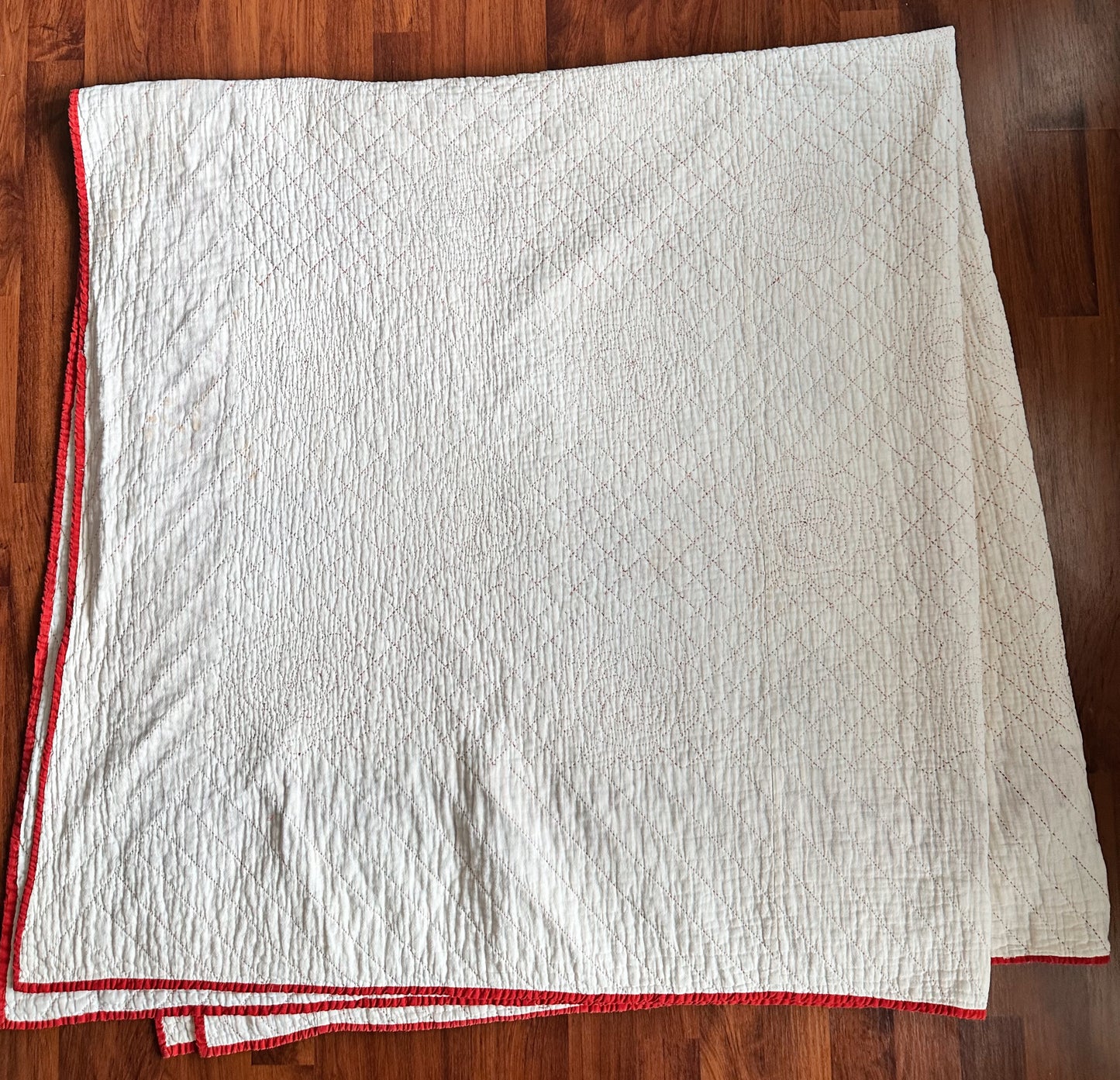 Antique Early 20th Century Redwork Embroidered Hand-Quilted Quilt