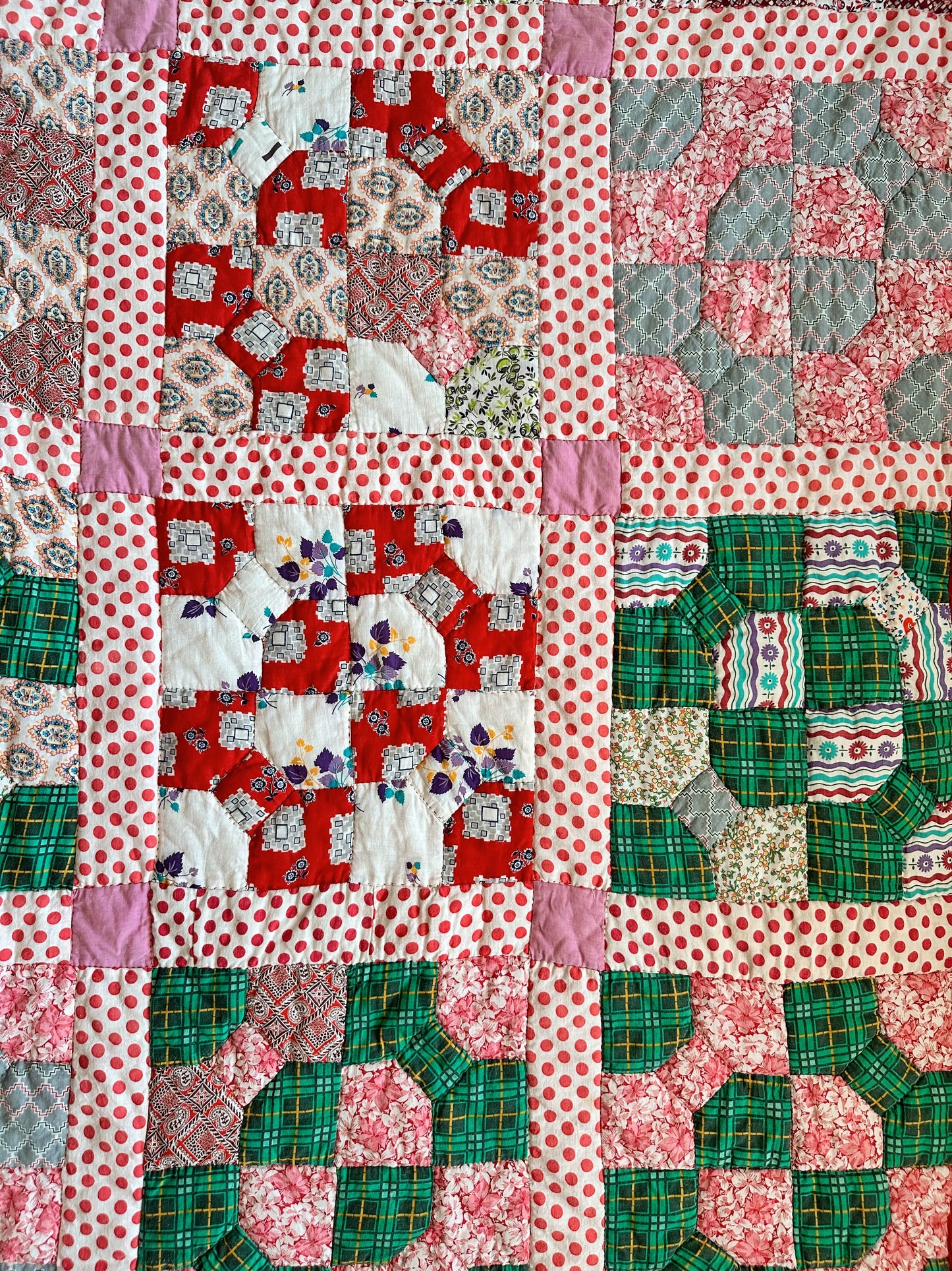 Hand Quilted Scrappy Cotton Quilt, Snowball & Bow Tie Variation