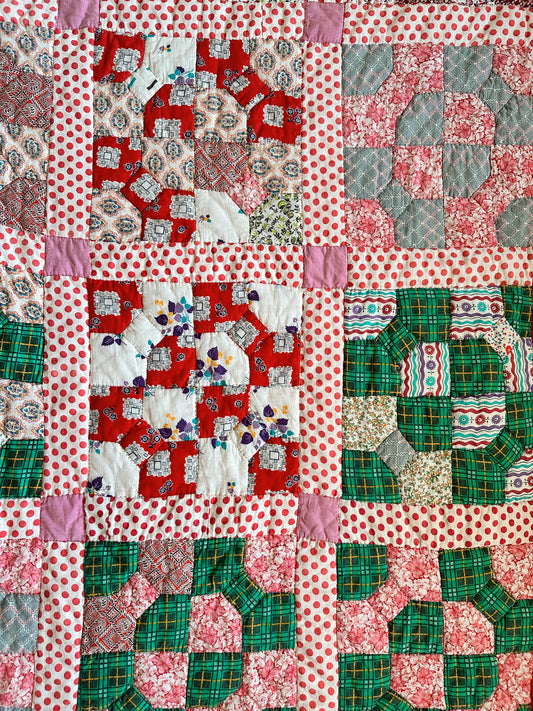 Hand Quilted Scrappy Cotton Quilt, Snowball & Bow Tie Variation