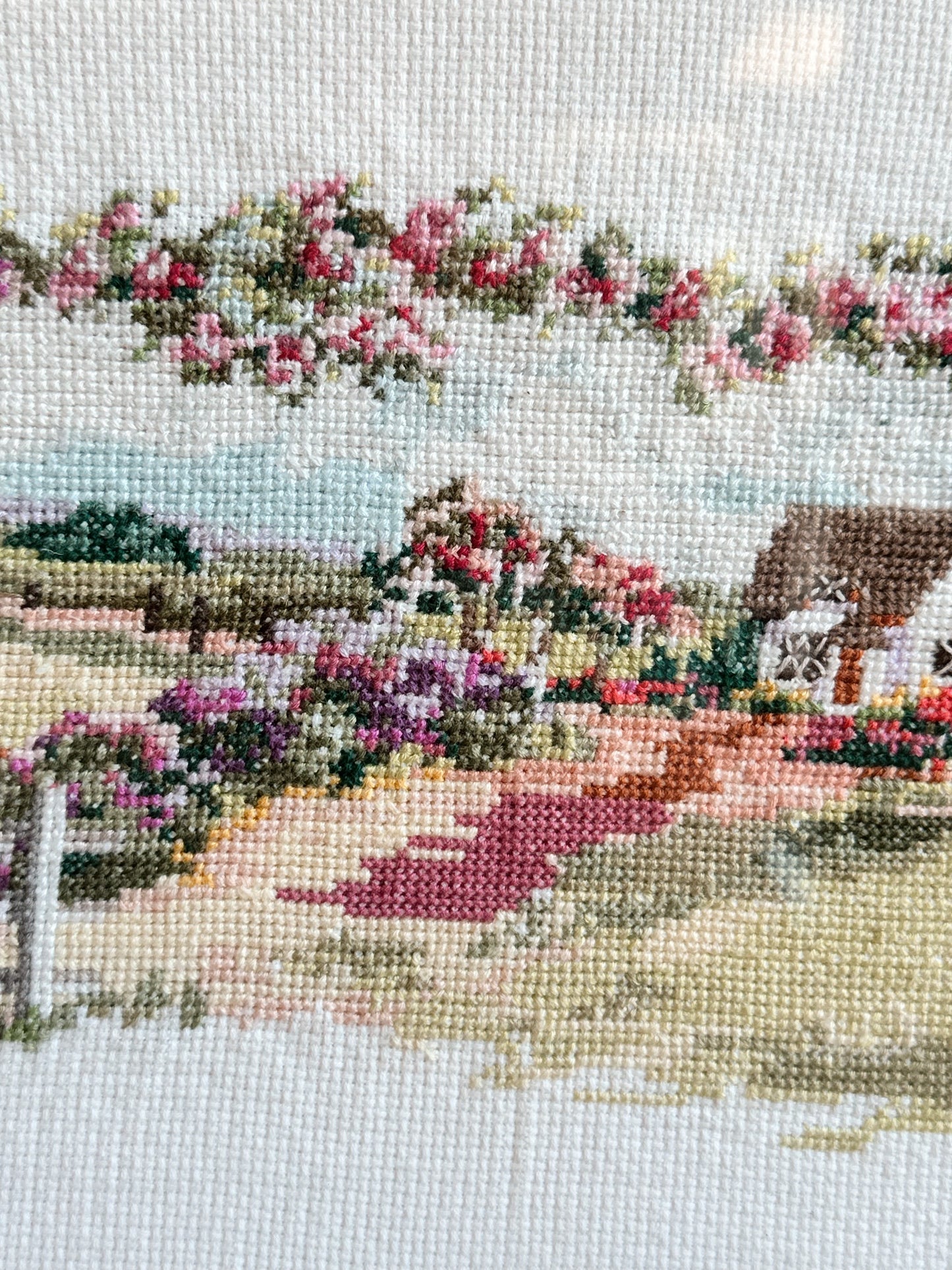 Vintage Framed Cross Stitch, Cottage with Sheep