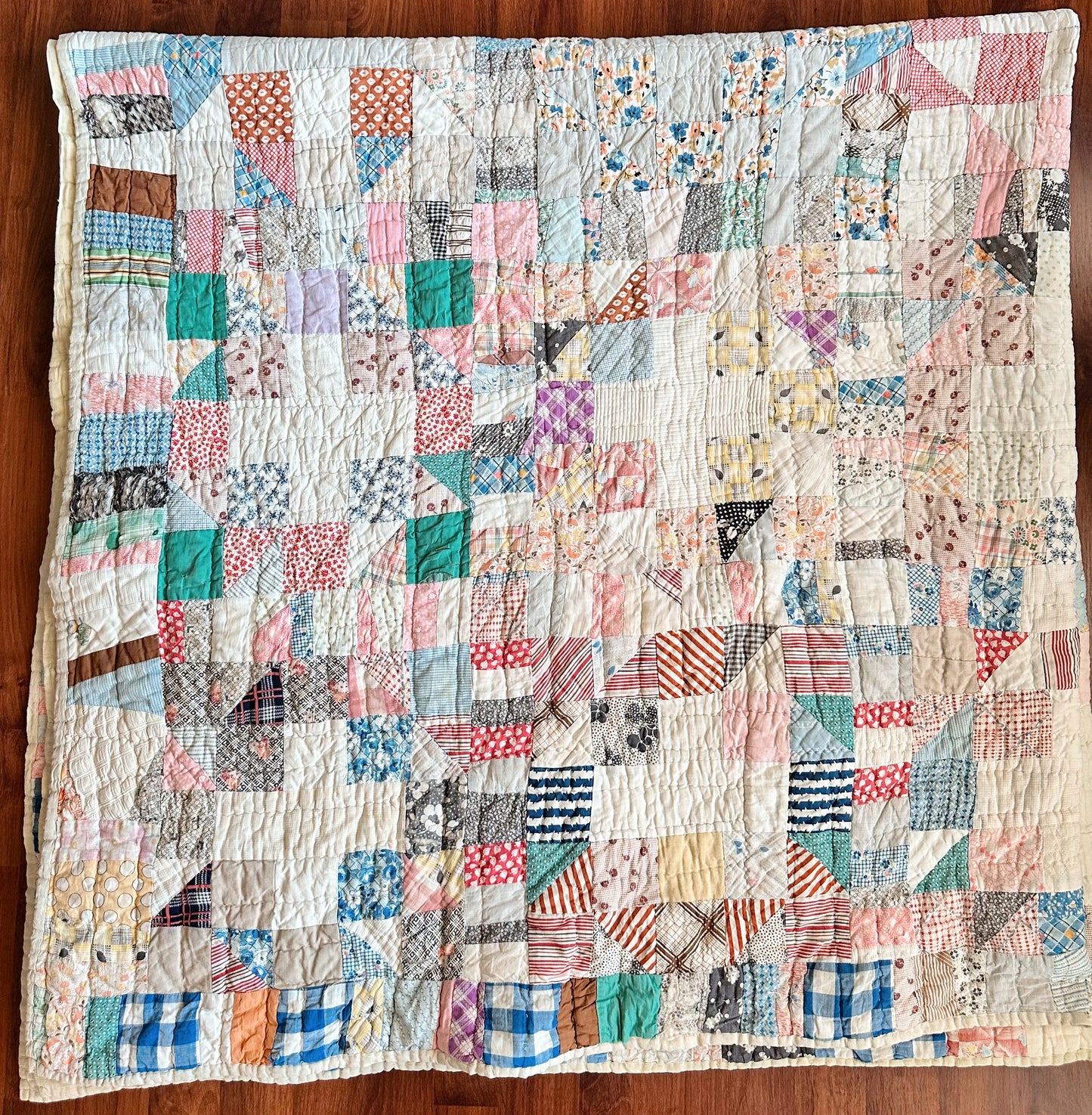 1930s Hand-Quilted Sampler Patchwork Feed Sack Quilt