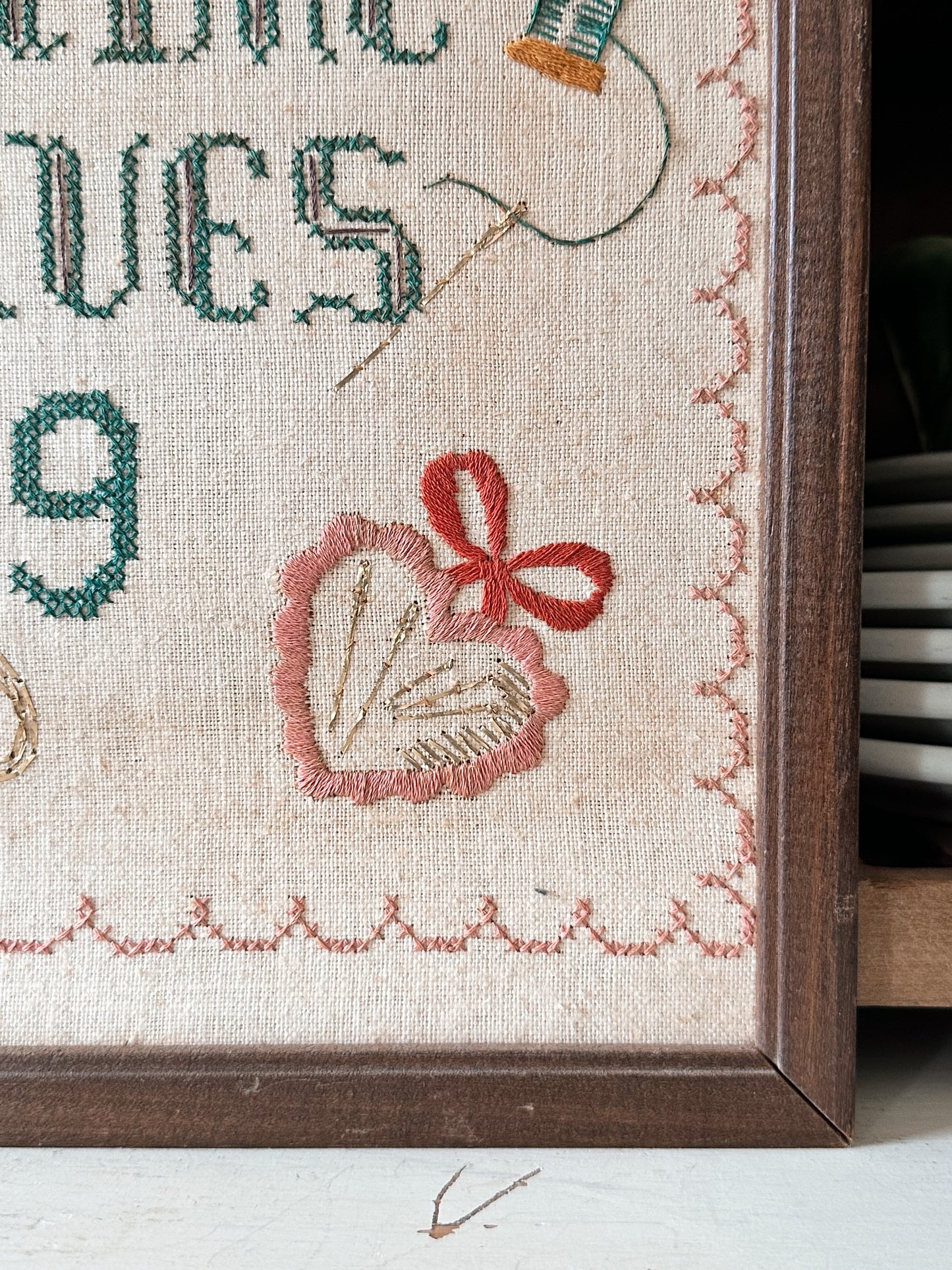 Vintage Cross Stitch and Embroidery Wall Hanging - A Stitch in Time Saves 9