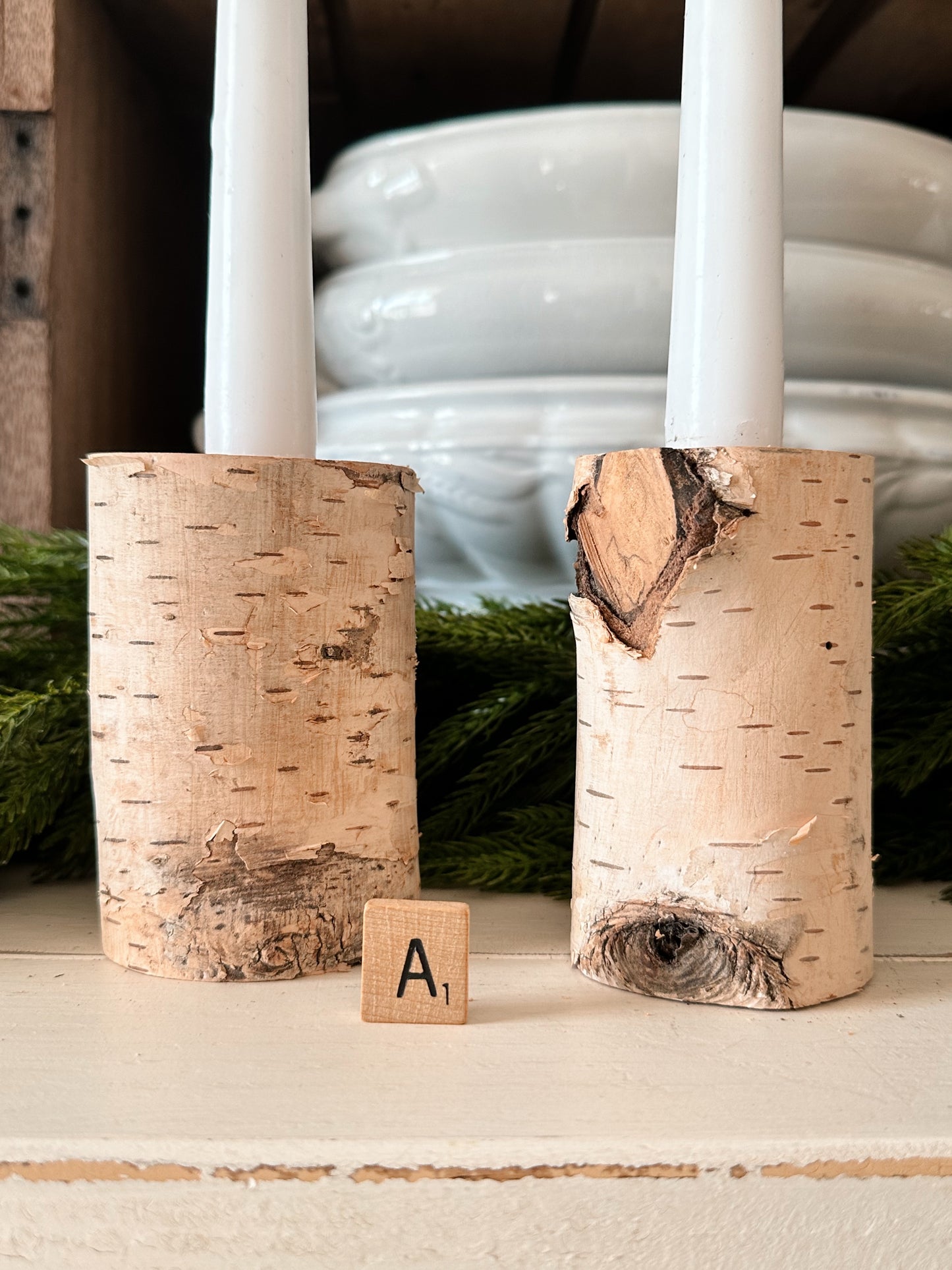 Pair of Handmade Birch Limb Candle Holders