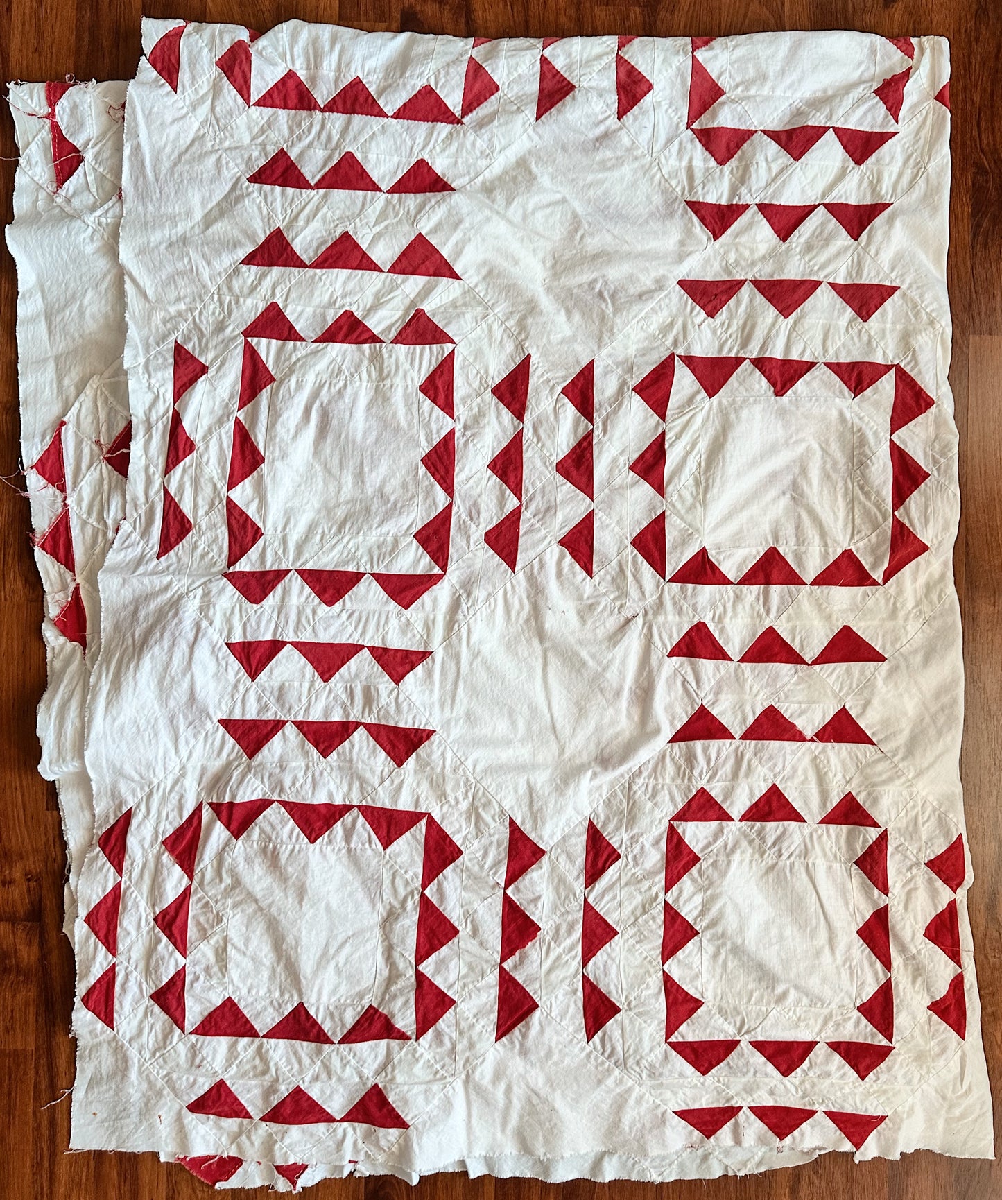 Antique Hand Pieced Turkey Red & White Sawtooth Quilt Top
