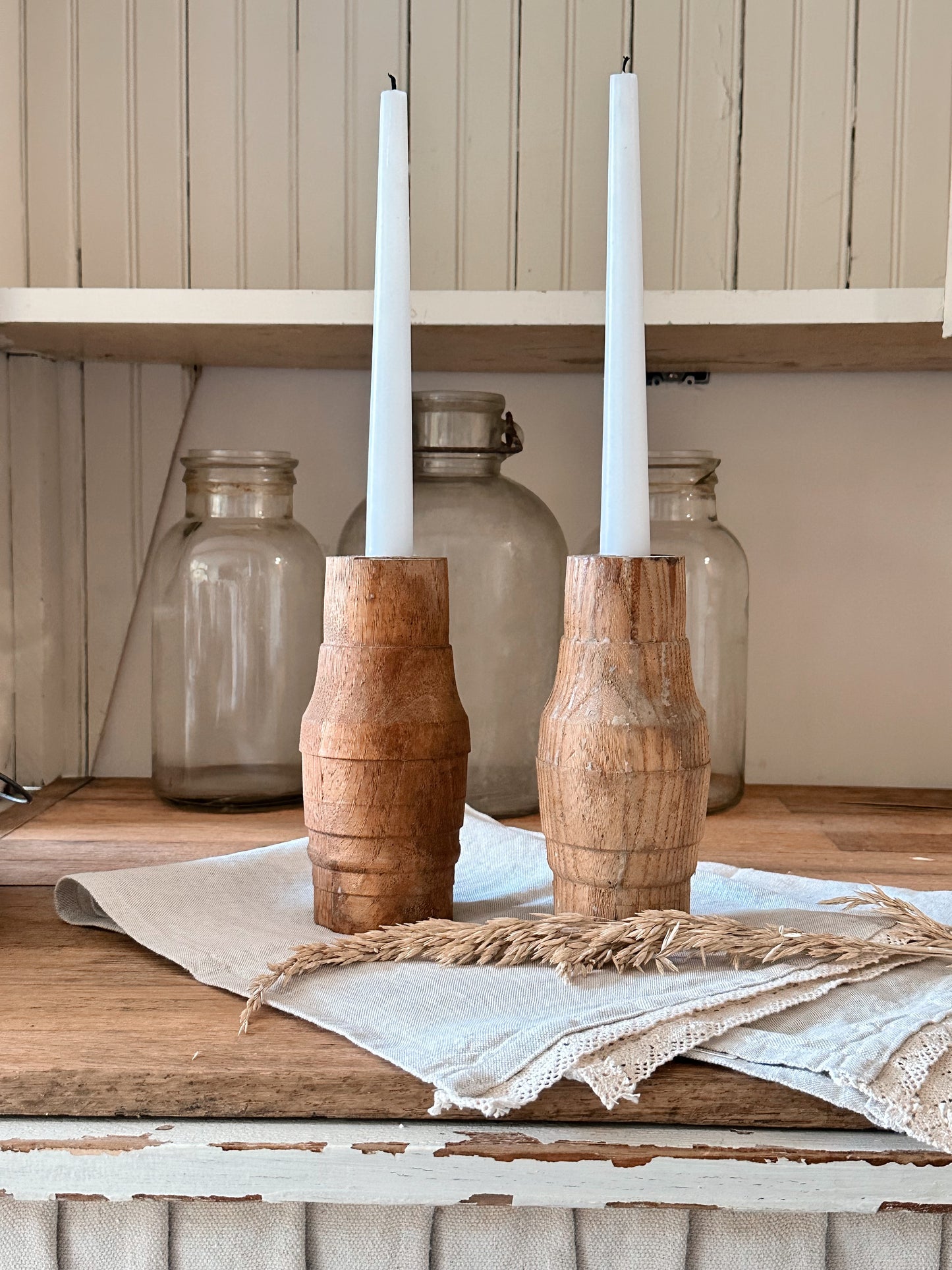 Found Salvaged Wood Wheel Cog Candle Holders