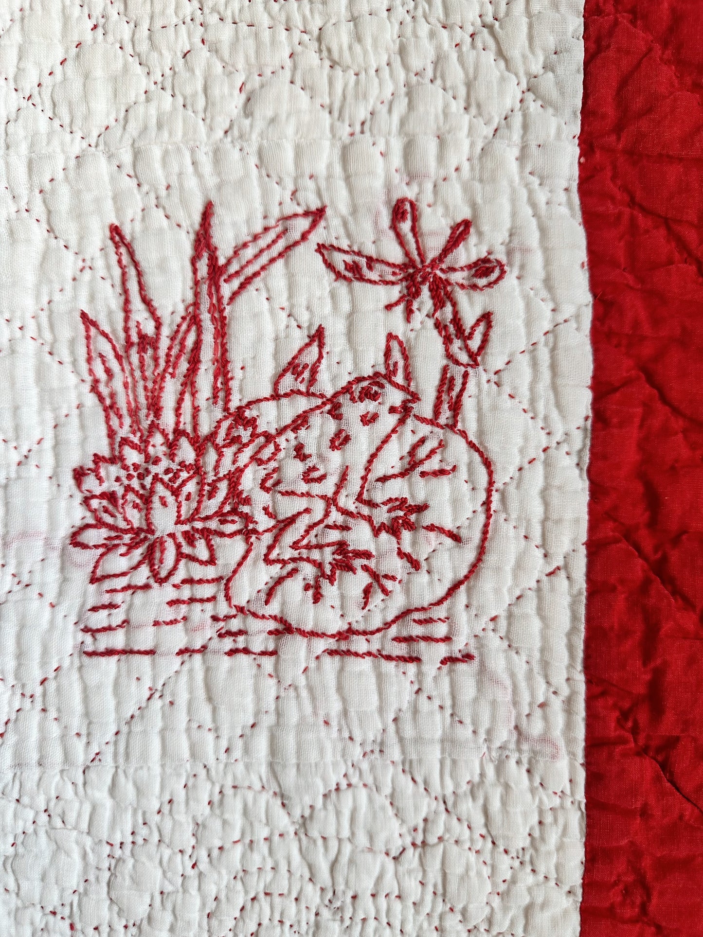 Antique Early 20th Century Redwork Embroidered Hand-Quilted Quilt