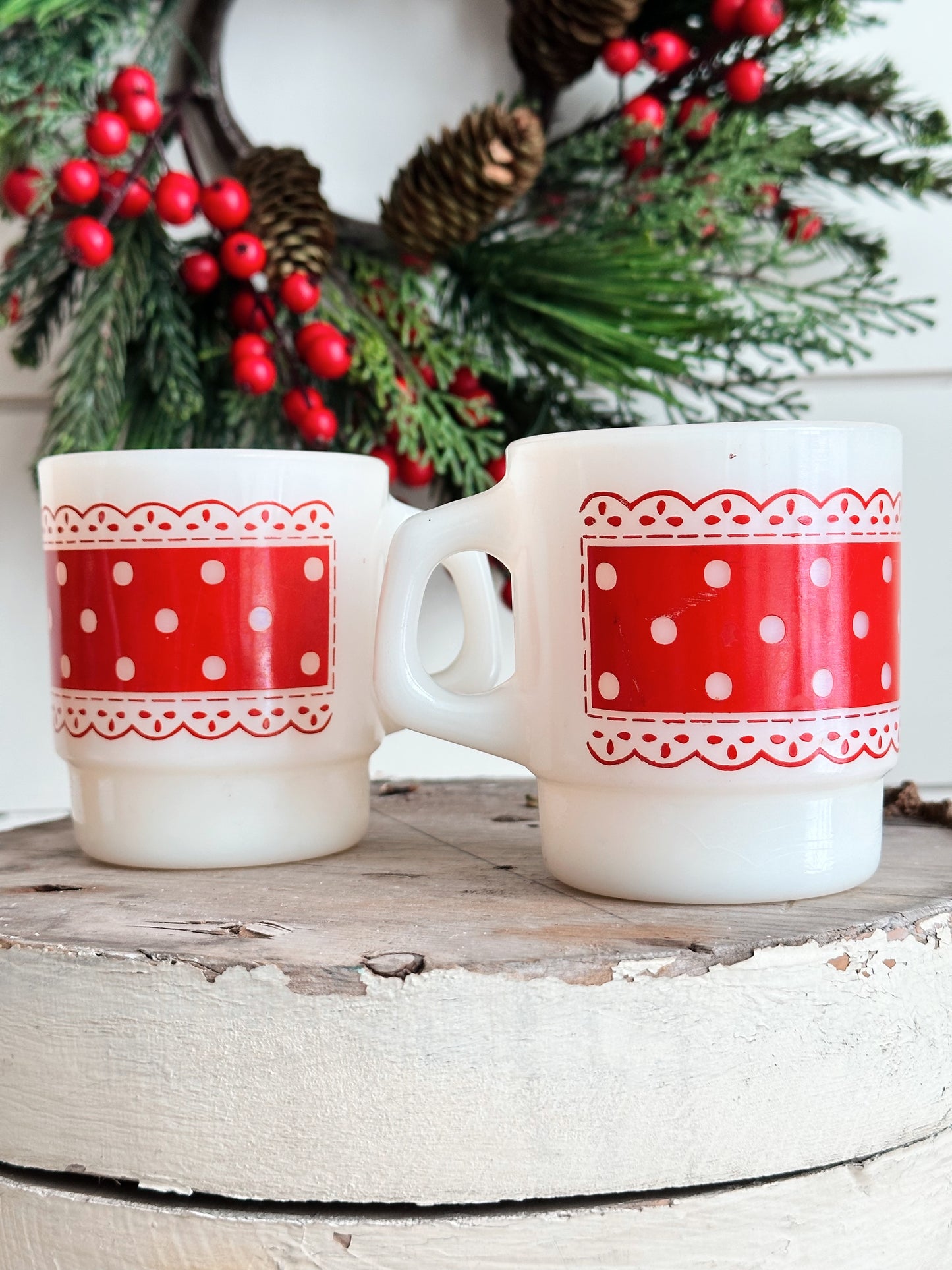 Pair of Polka Dot & Lace Fire King Mugs