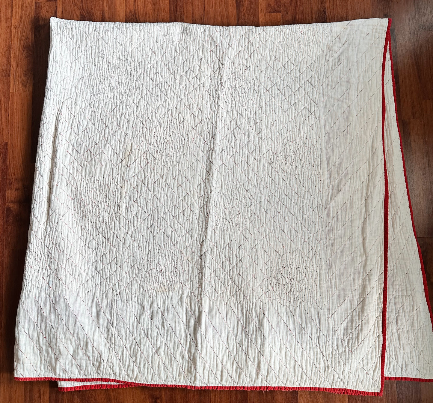 Antique Early 20th Century Redwork Embroidered Hand-Quilted Quilt