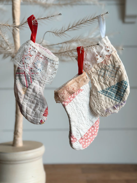 Pair of Petite Vintage Handmade Quilt Stockings