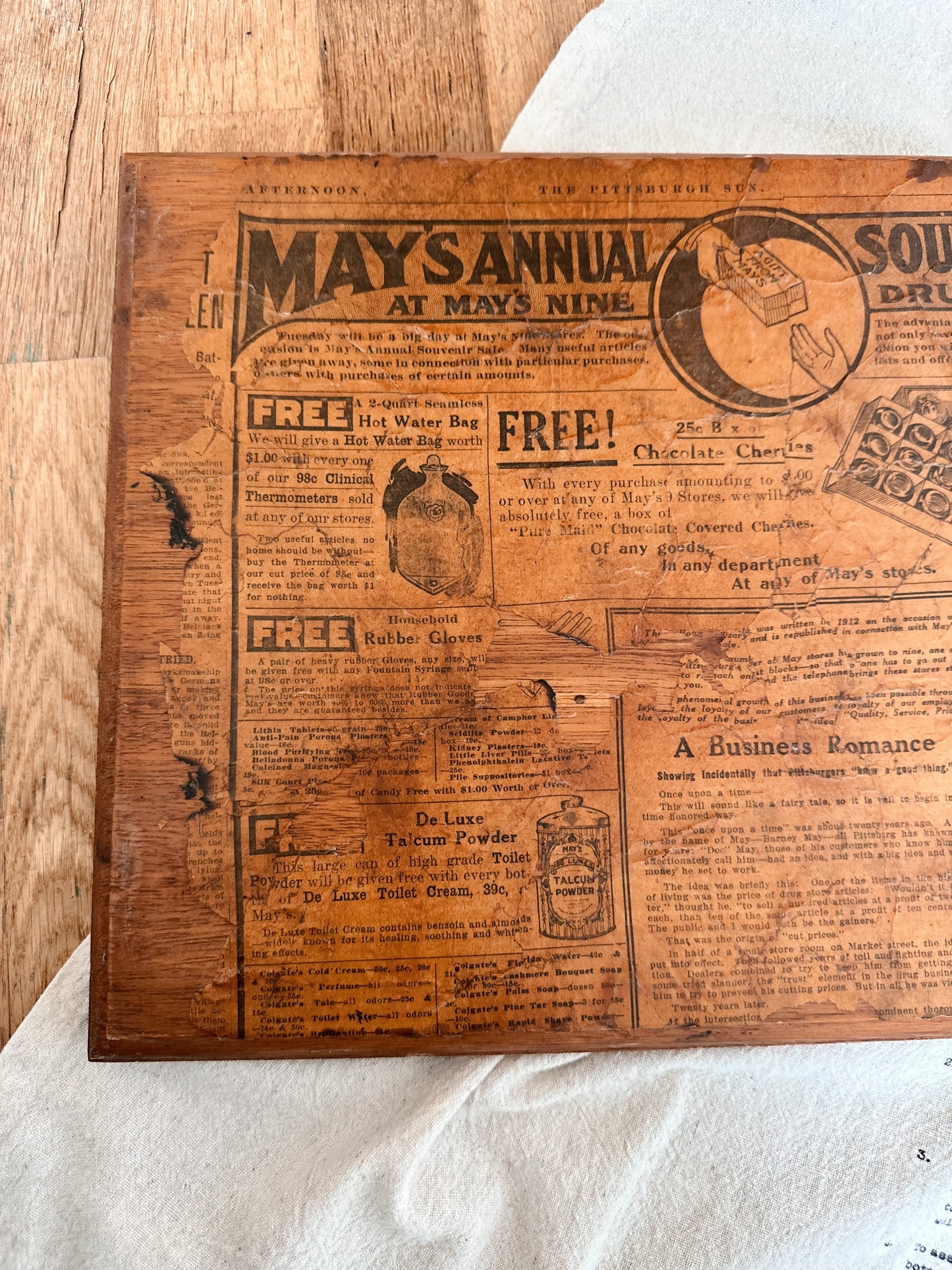 Antique 1914 Pittsburgh Sun May Drug Company Newspaper Advertisement on Wood