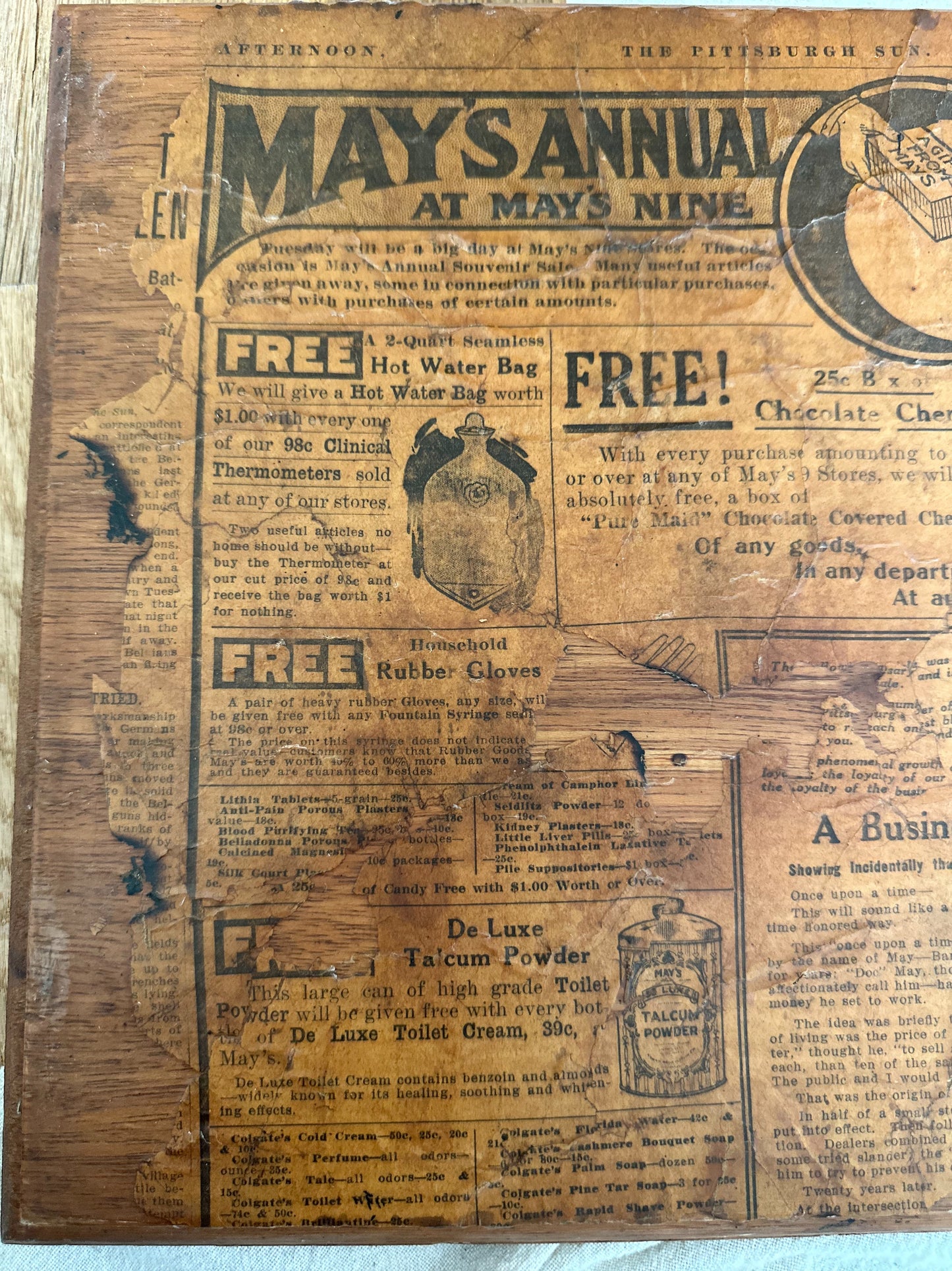 Antique 1914 Pittsburgh Sun May Drug Company Newspaper Advertisement on Wood