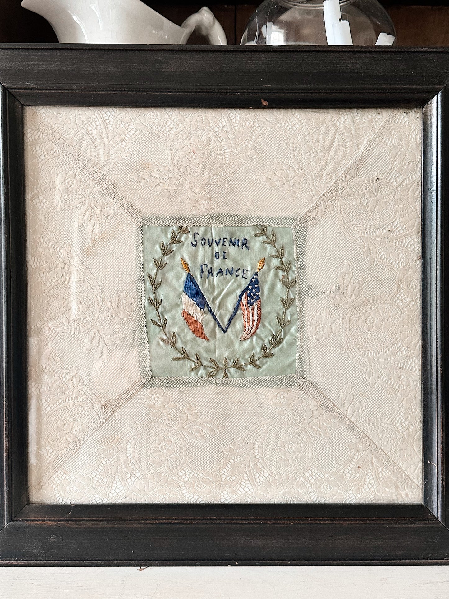 Framed WW1 Antique French Silk & Lace Embroidery Piece