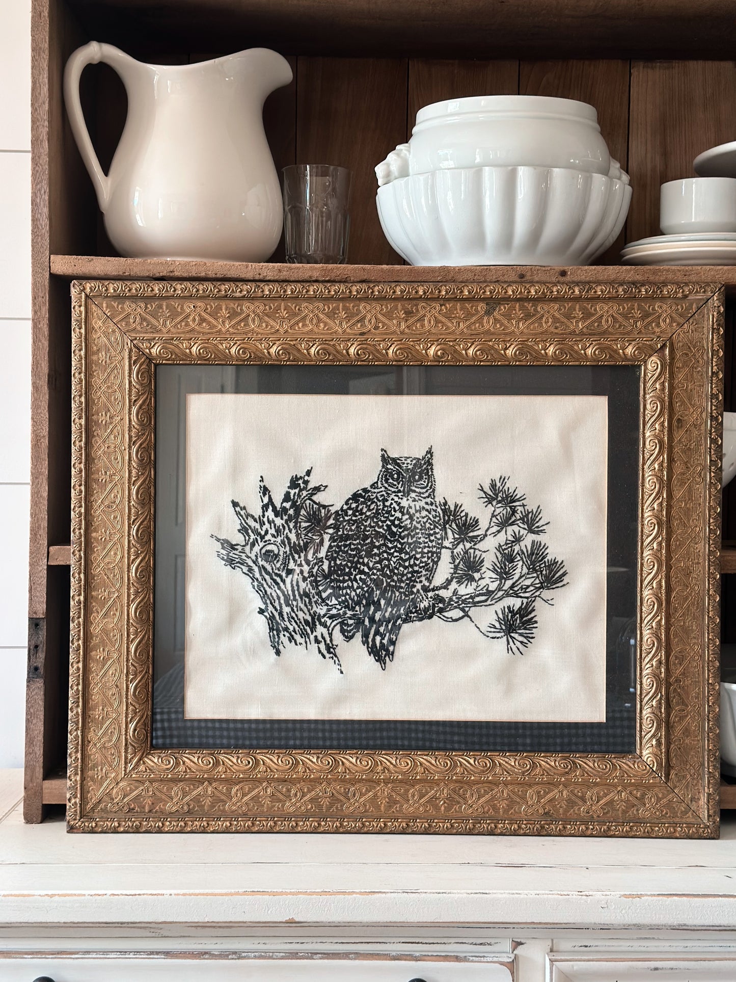 Beautiful Vintage Embroidered Owl in an Antique Frame