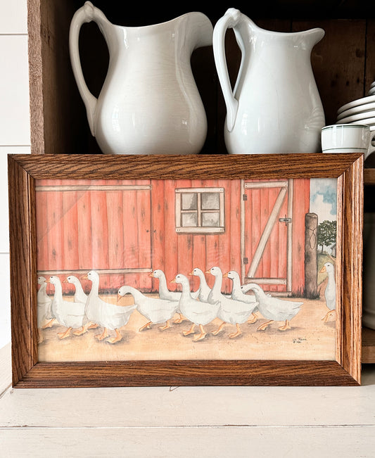 Vintage Ducks By a Barn Print, Framed