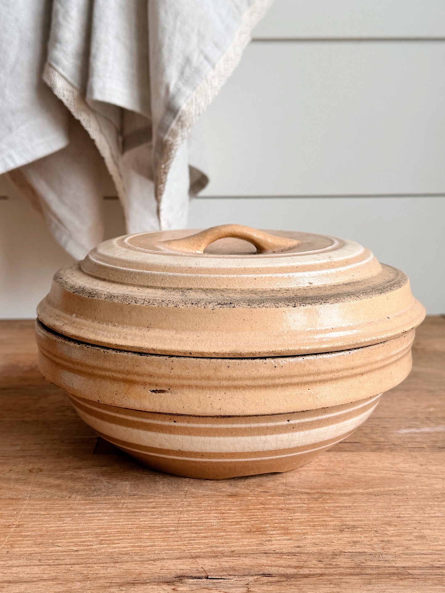 Vintage Banded Stoneware Covered Casserole