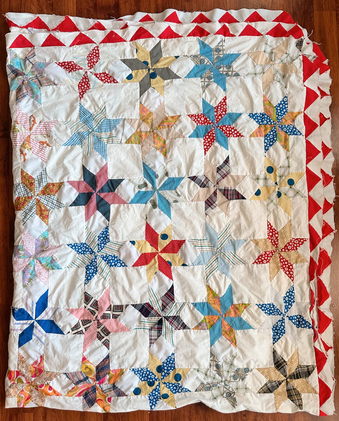 Vintage Hand Pieced 8-Point Star Quilt Top