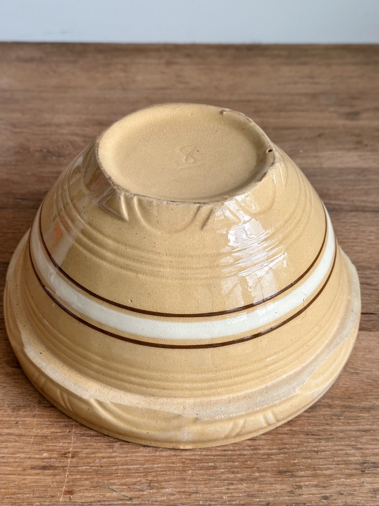 Vintage Golden Yellow Stoneware Bowl with White & Brown Stripes