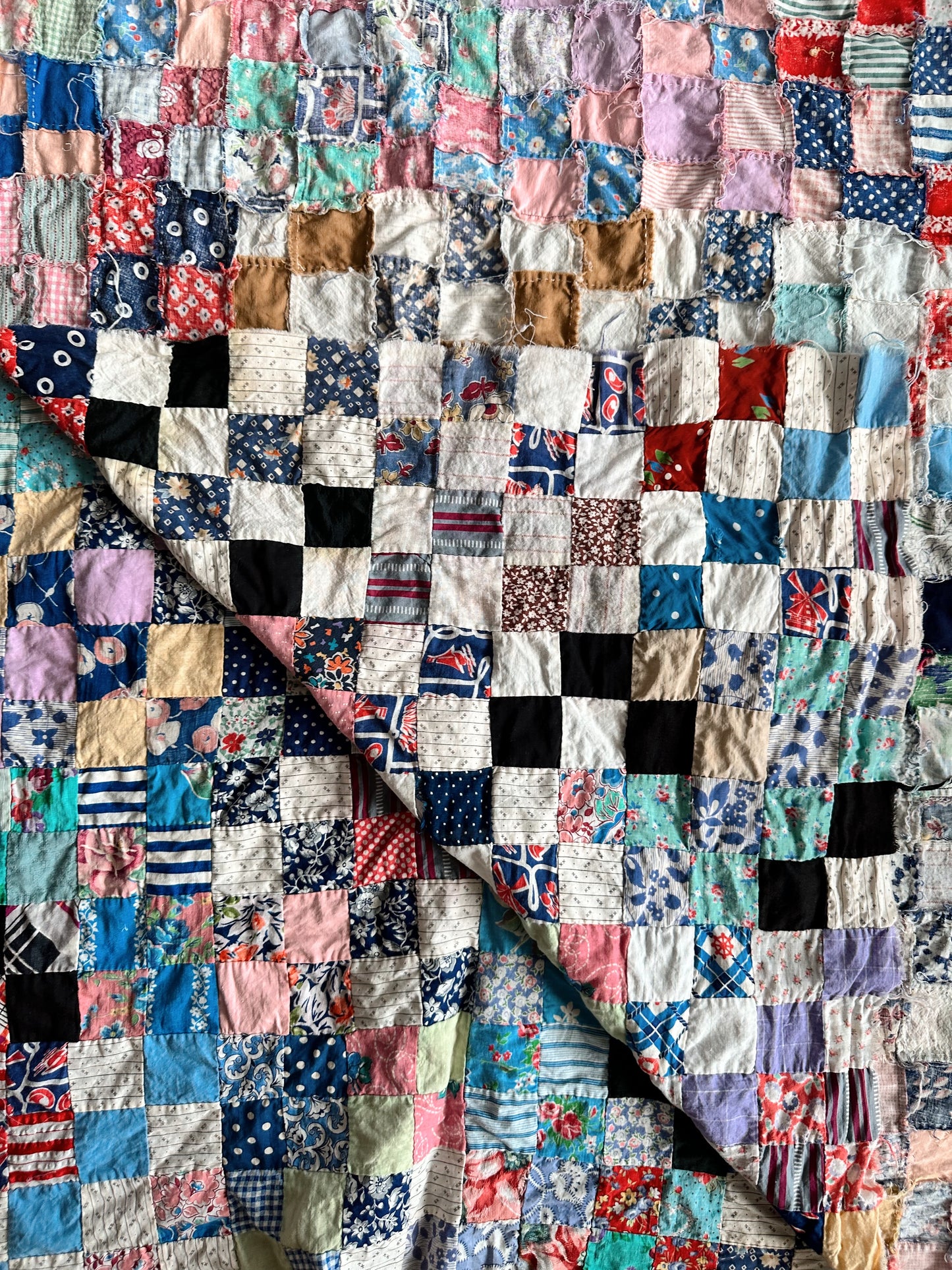 Vintage 1930s–40s Postage Stamp Scrap Quilt Top