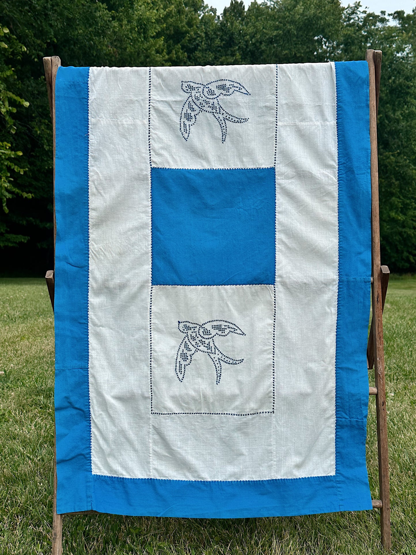Oversized Vintage Cross Stitched Bird Table Runner