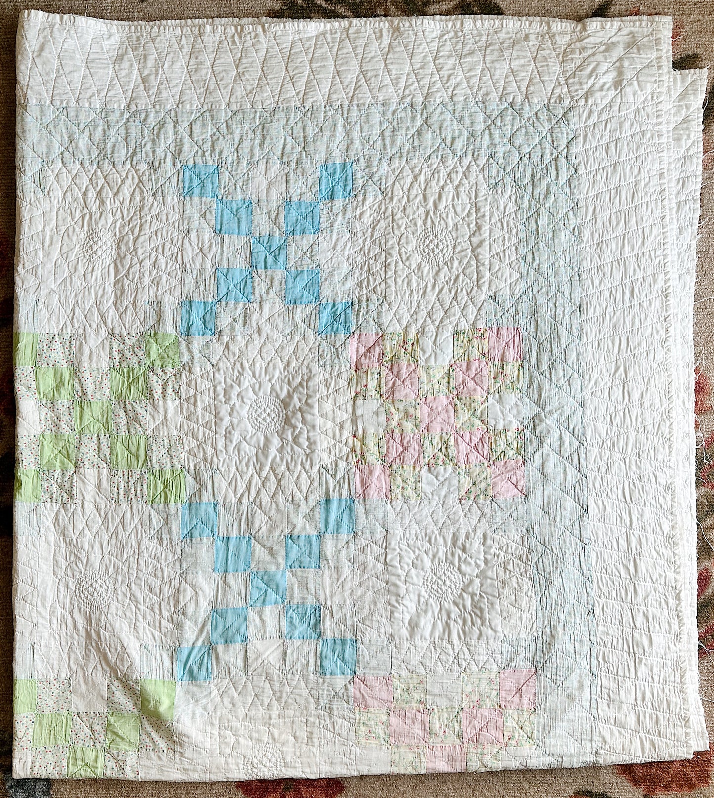 Vintage Hand Stitched Pastel Irish Chain Variation Quilt