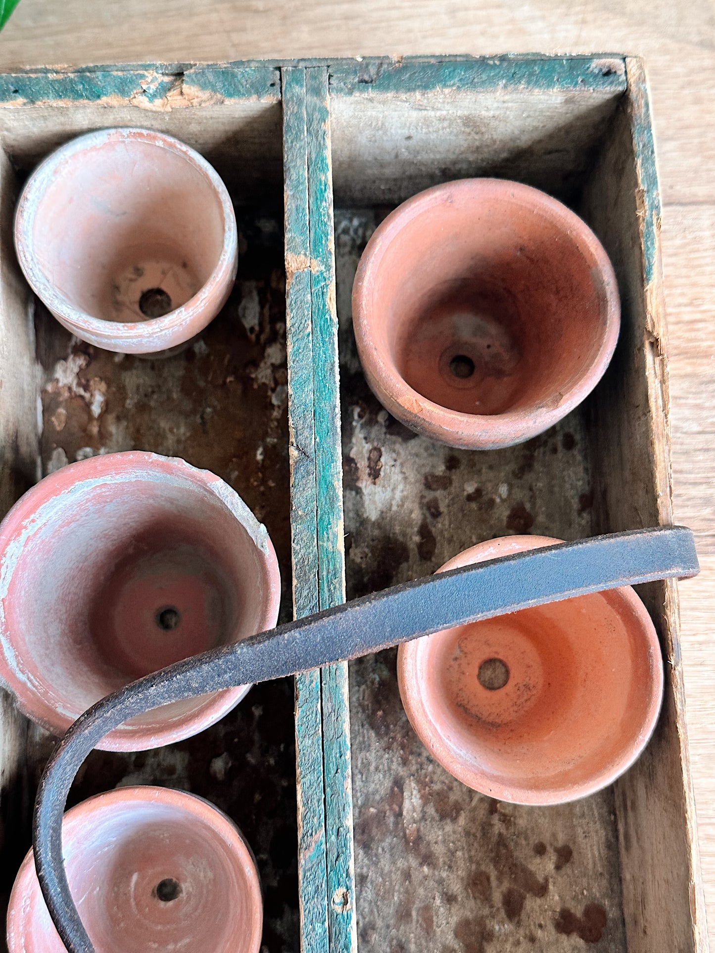 Vintage Handmade Wood Caddy & Pots