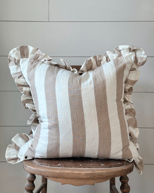 Ruffled Tan Stripe Pillow Cover