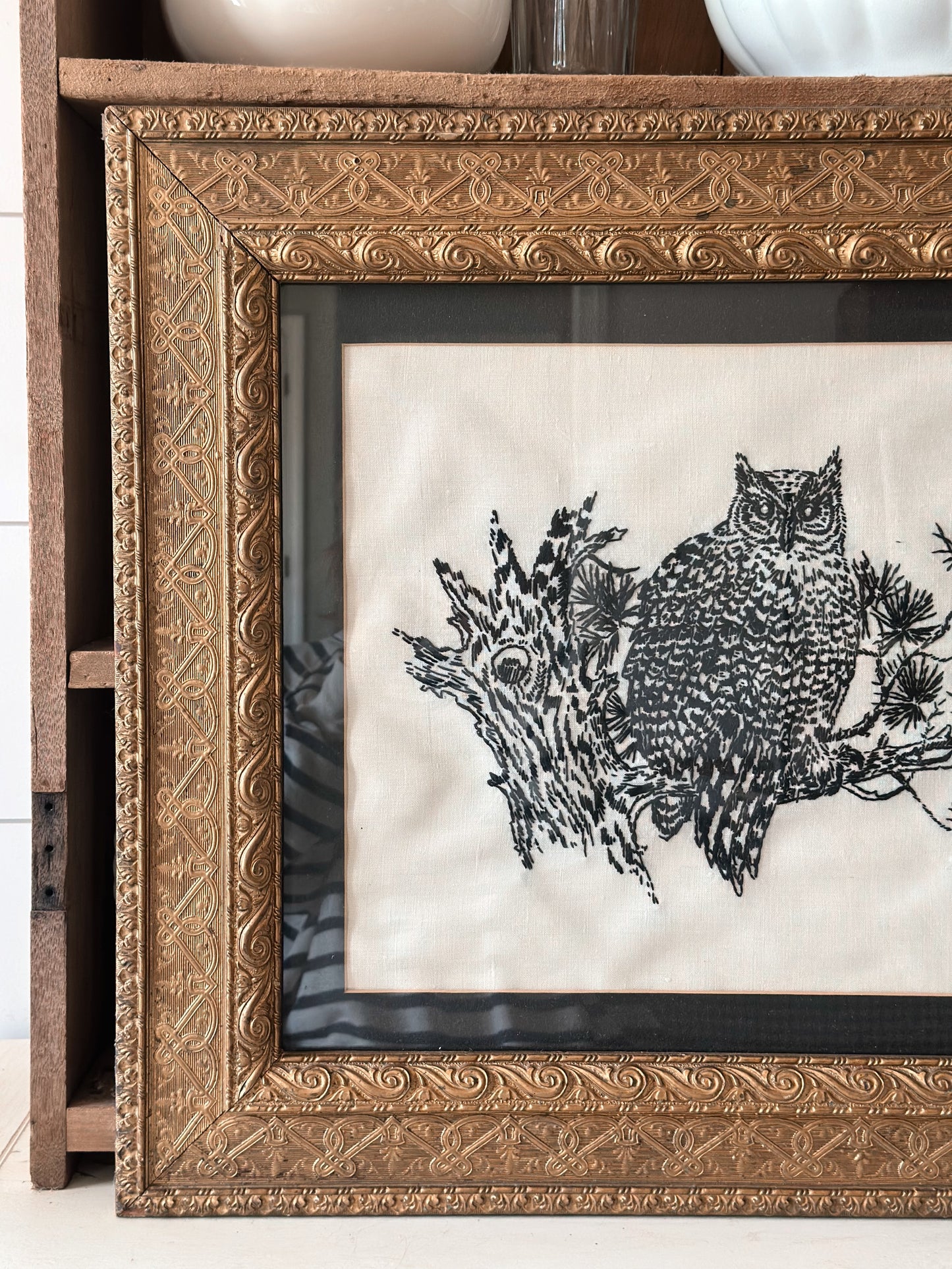 Beautiful Vintage Embroidered Owl in an Antique Frame