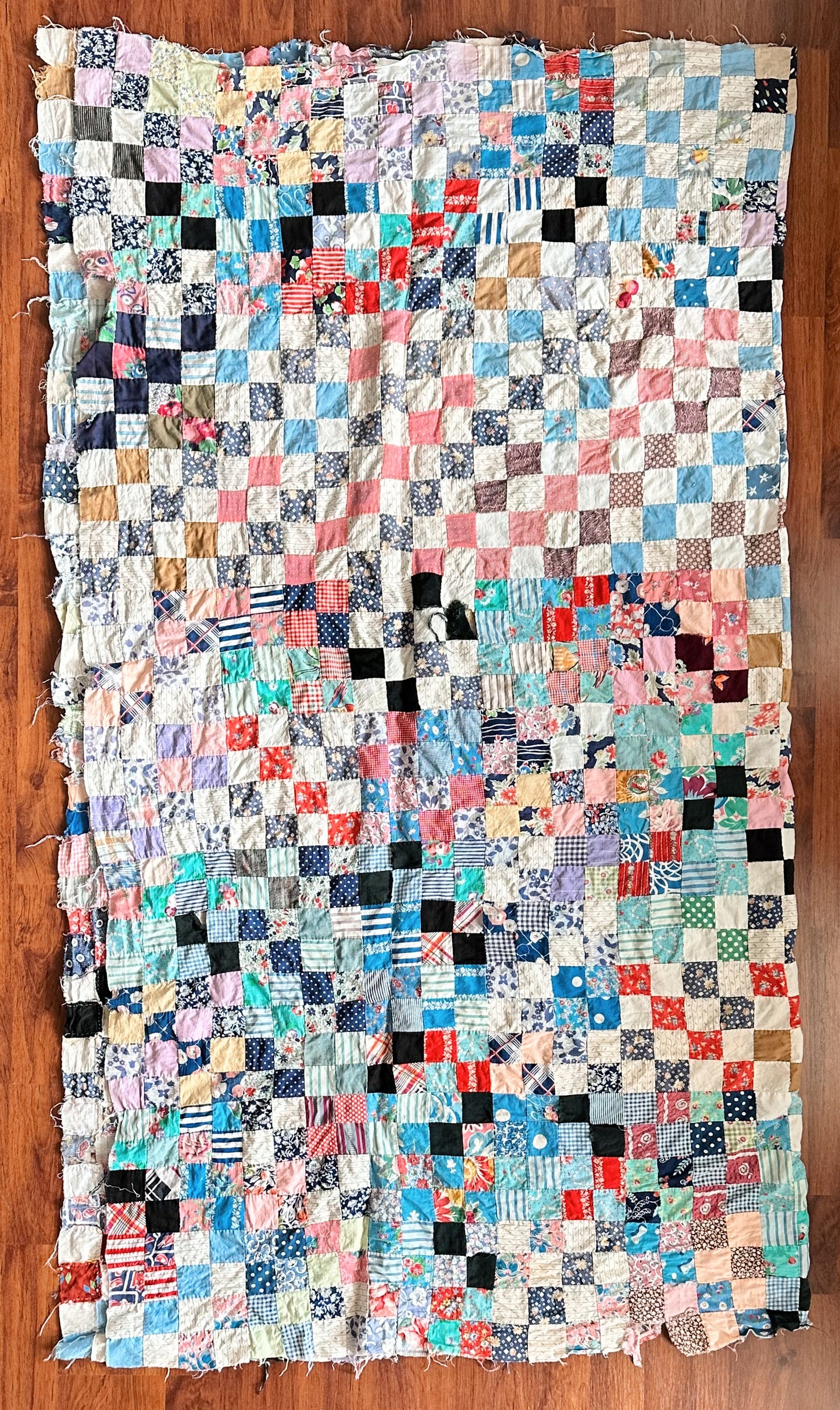 Vintage 1930s–40s Postage Stamp Scrap Quilt Top