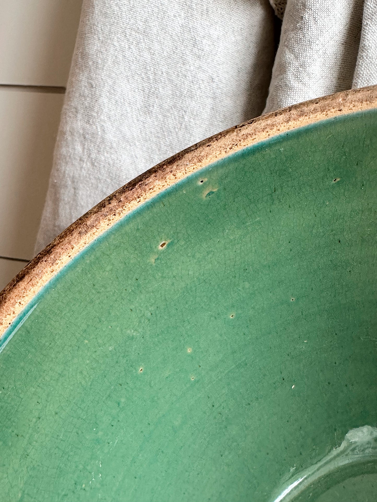 Big Beautiful Vintage Green Ribbed Stoneware Bowl