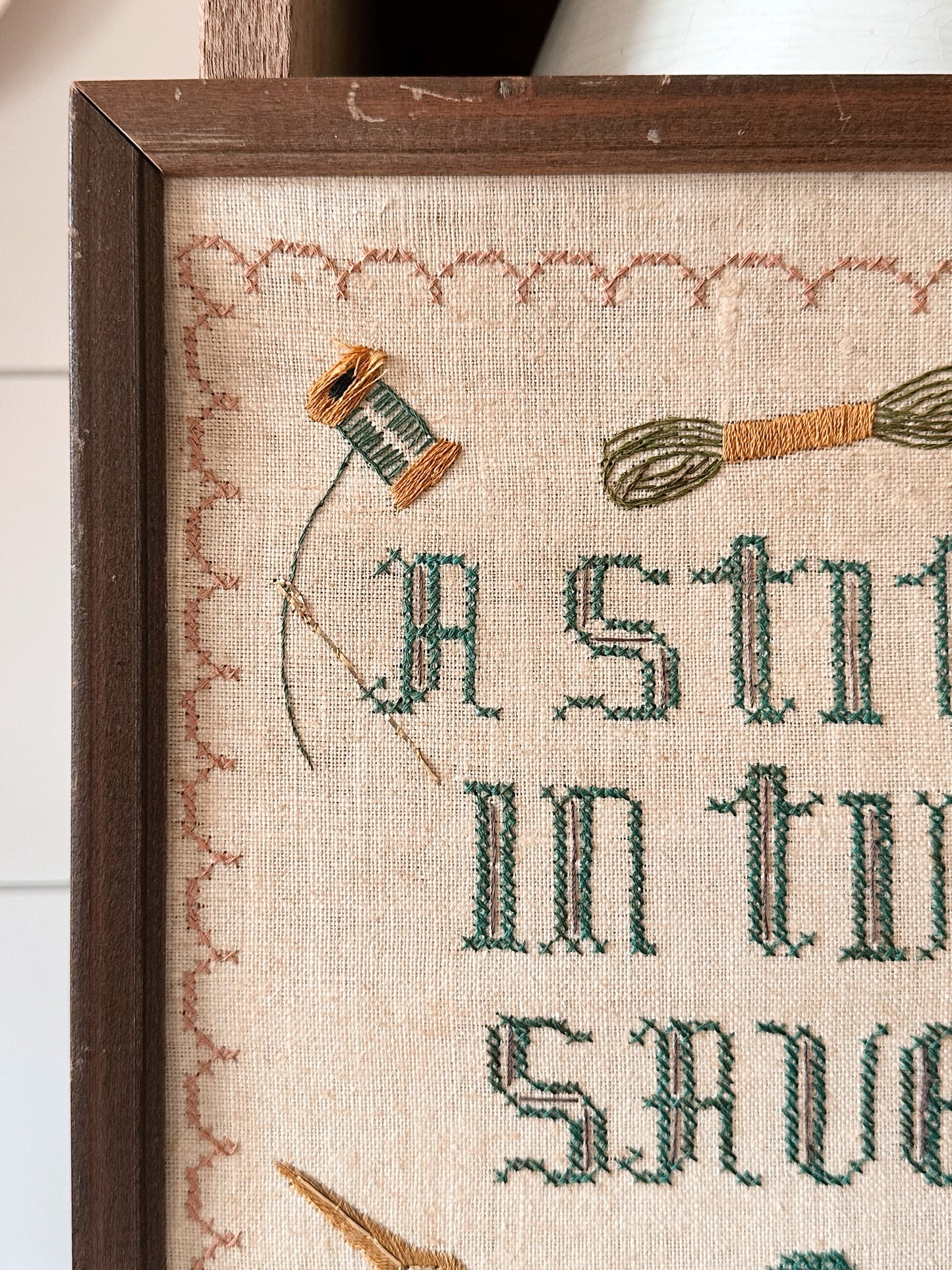 Vintage Cross Stitch and Embroidery Wall Hanging - A Stitch in Time Saves 9