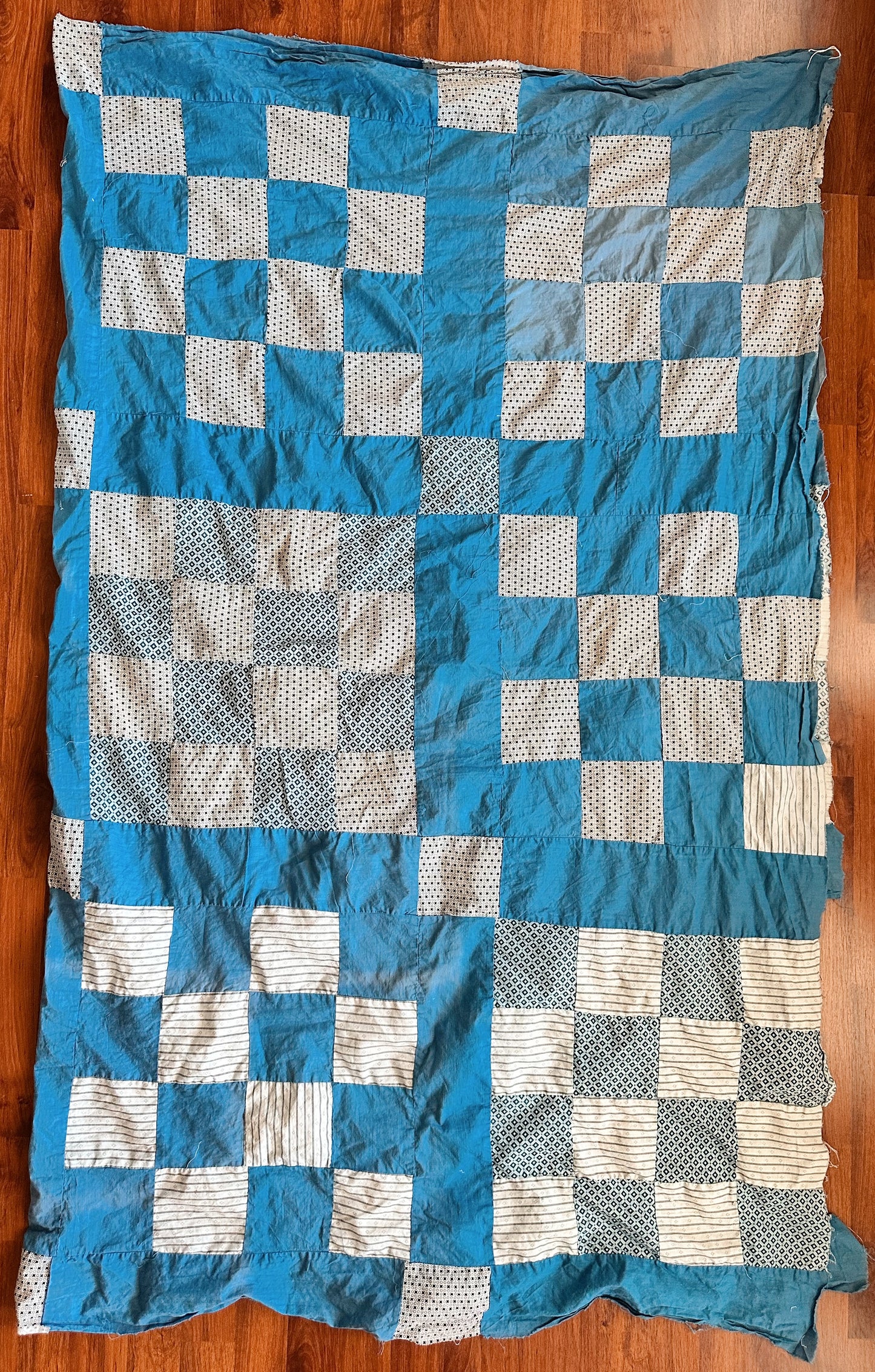 Vintage Hand Pieced Blue & White Cotton Checkerboard Quilt Top