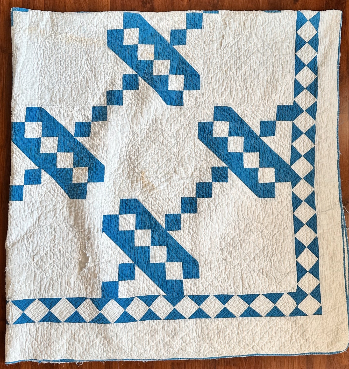 Antique Blue & White Roman Stripe Quilt, Hand Pieced & Hand Quilted