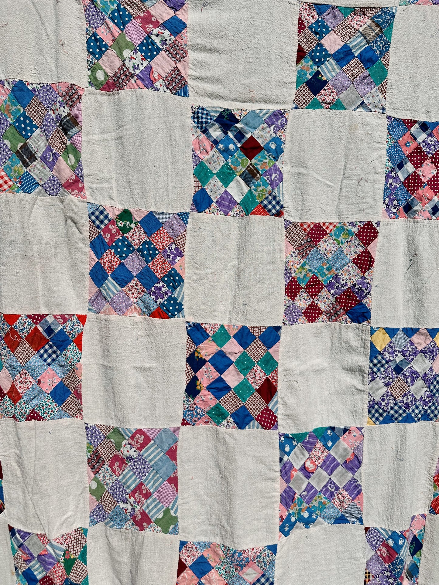 Depression Era Patchwork Scrap Utility Quilt Top With Repurposed Industrial Sack Borders