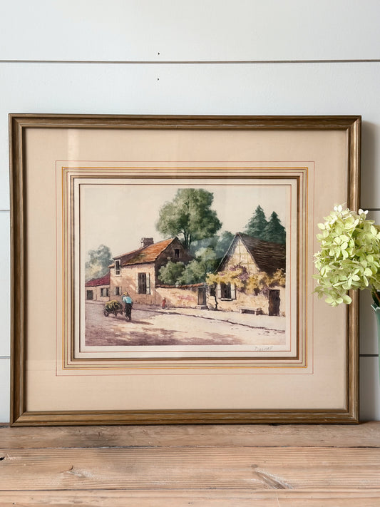 Vintage European Village Color Lithograph, signed Dorval